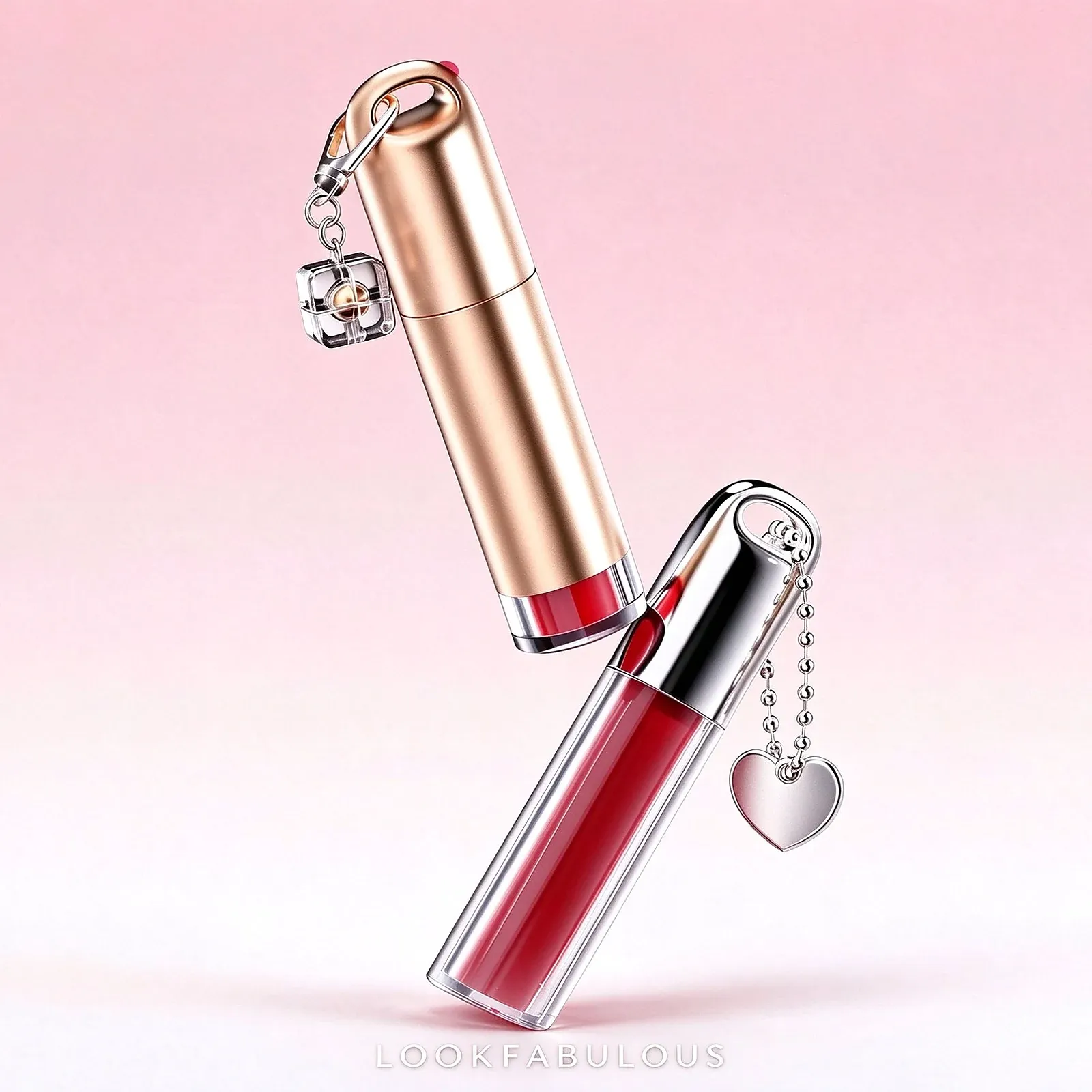 Two slim loop top lip gloss tubes in gold and silver with cube and heart bag charms