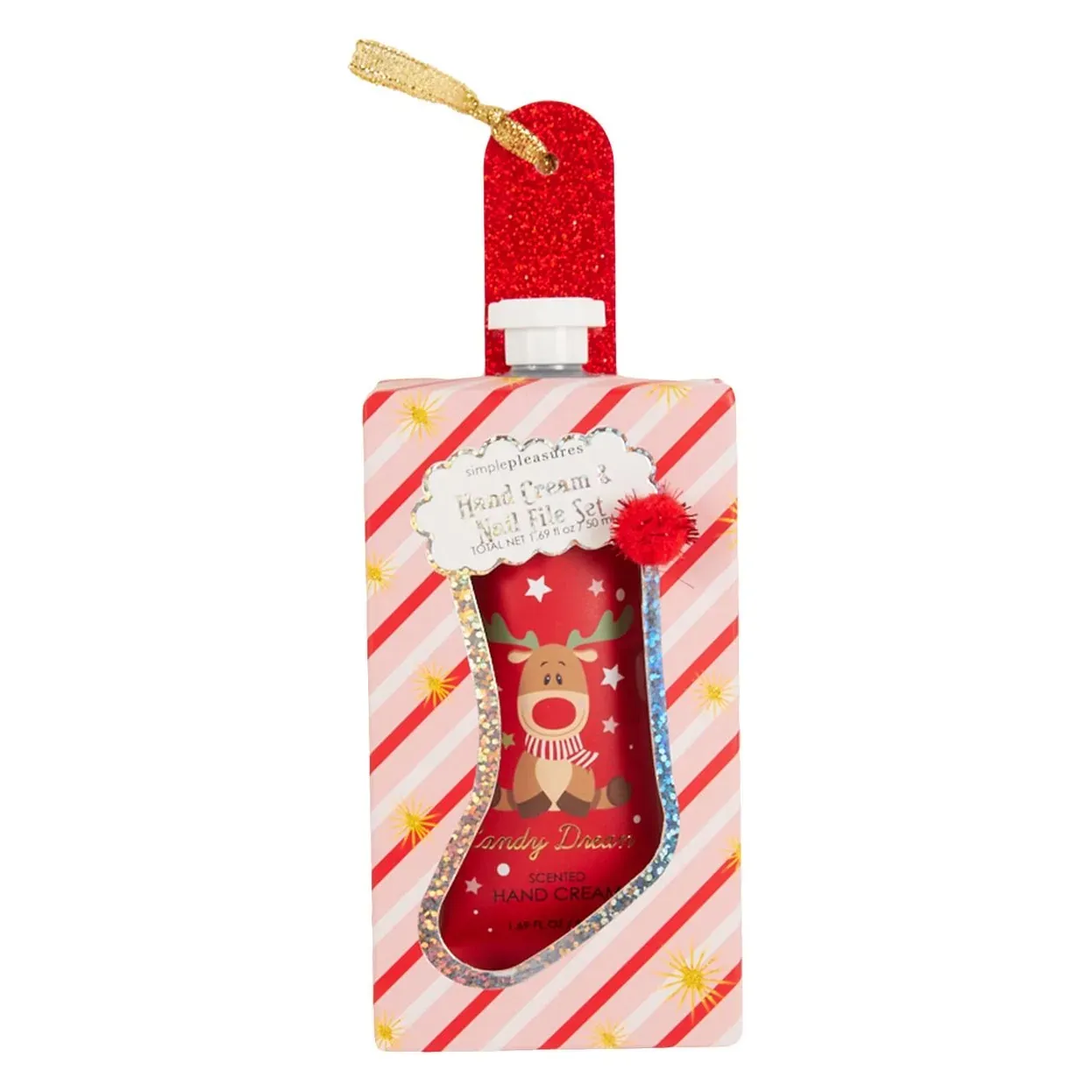 Candy Dreams reindeer hand cream and nail file gift box with candy cane stripes