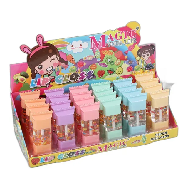 Counter display box of square lip gloss tubes filled with candy-like beads