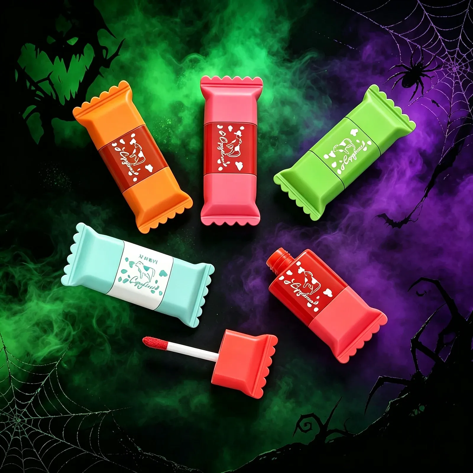 Candy Wrapper Lip Gloss - Five lip glosses shaped like wrapped candies with crimped ends, in orange, pink, green, pale mint and red, each printed with a white heart-and-rose design.