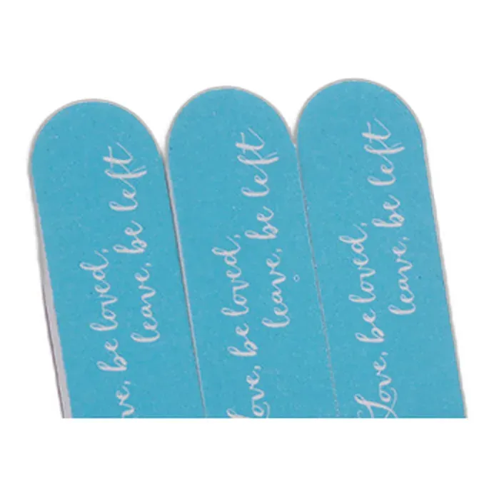 Arch shaped teal nail files printed with a white calligraphy message