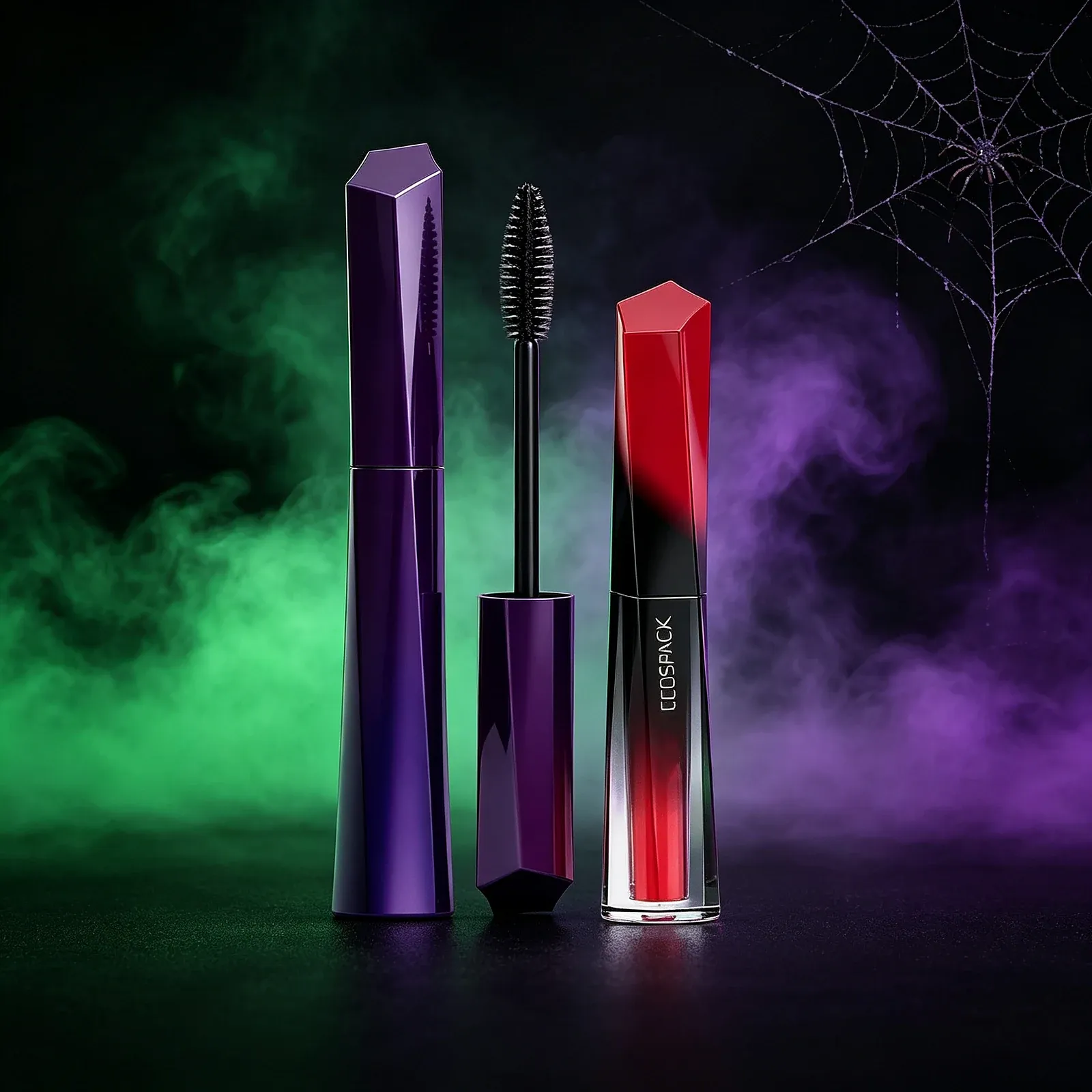 Faceted Mascara and Colour Tube Duo - A tall purple faceted mascara tube with a black fibre wand, beside a shorter red-and-black faceted tube with clear base showing red liquid; both share the same hexagonal profile.