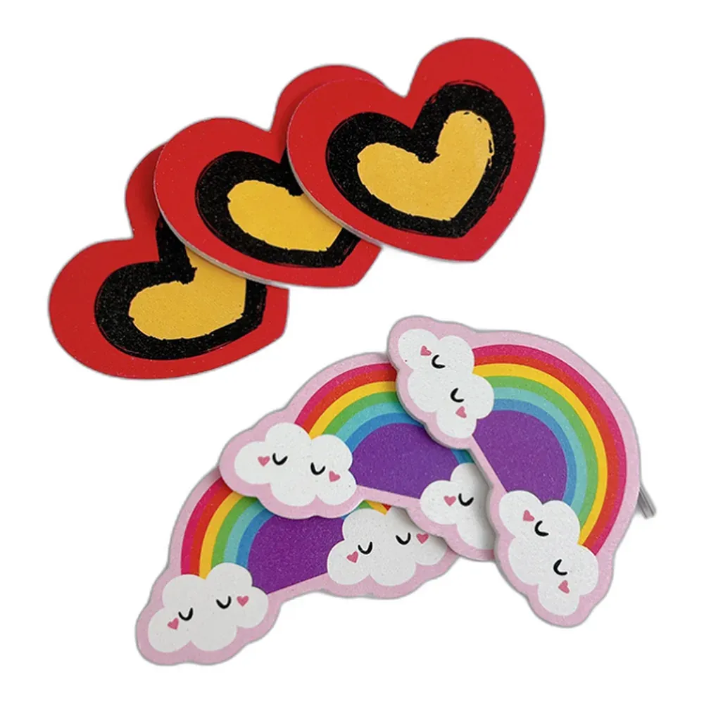 Heart shaped files with red and gold glitter design and rainbow files with cloud faces