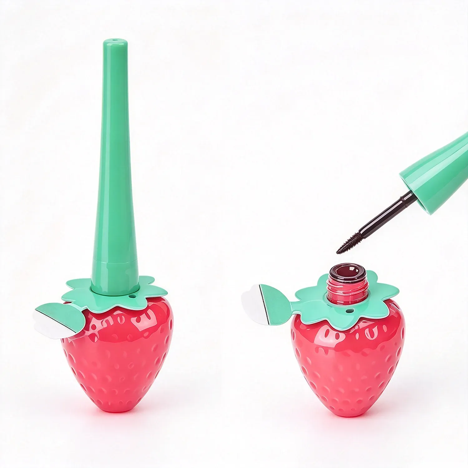 Strawberry shaped lip gloss with a green stem and a lip applicator