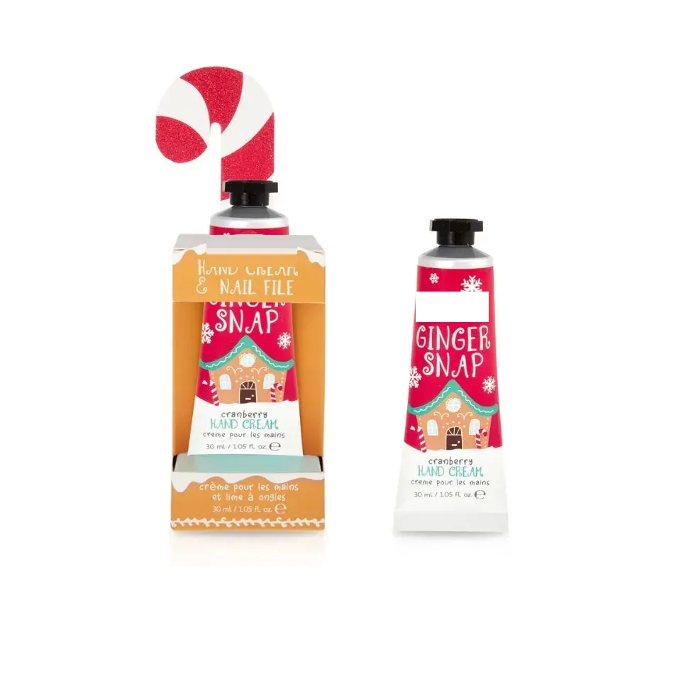 Ginger Snap hand cream tube with candy cane and printed box