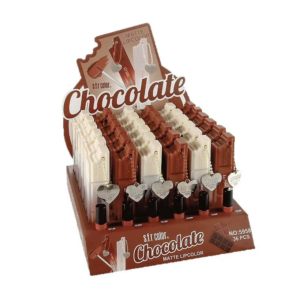 Display box of chocolate bar shaped lip gloss tubes in milk, dark and white chocolate prints