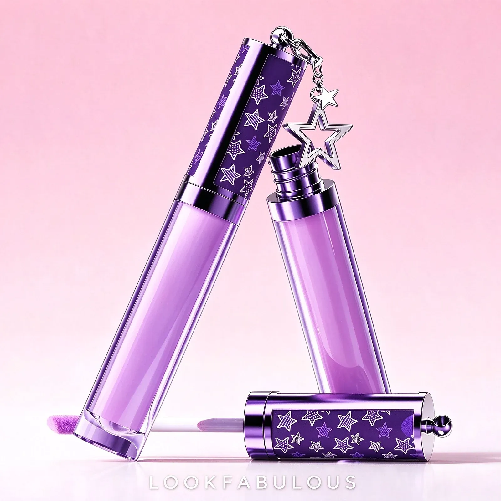 Two clear purple lip gloss tubes with star-print purple caps and a silver star charm