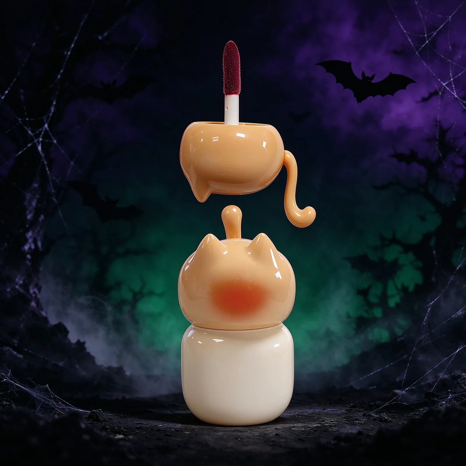 Cat Shaped Lip Gloss - A beige cat-shaped gloss container with pointed ears, a tail loop and a cream base, its head lifting off to reveal a white handle and dark-red doe-foot applicator, with two rosy cheek patches on the face.