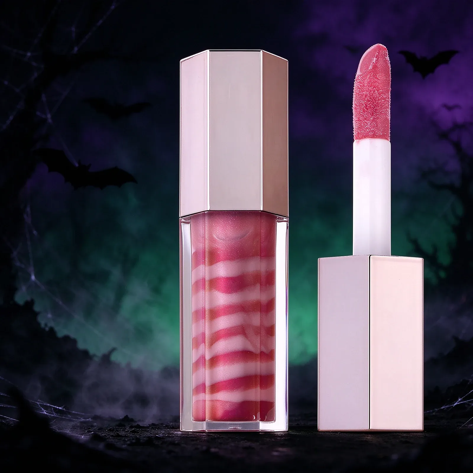 Diagonal Stripe Lip Gloss - A hexagonal clear gloss tube with a cream-coloured cap and a pink-and-white diagonal stripe through the product, with a detached cap holding a large pink doe-foot applicator.