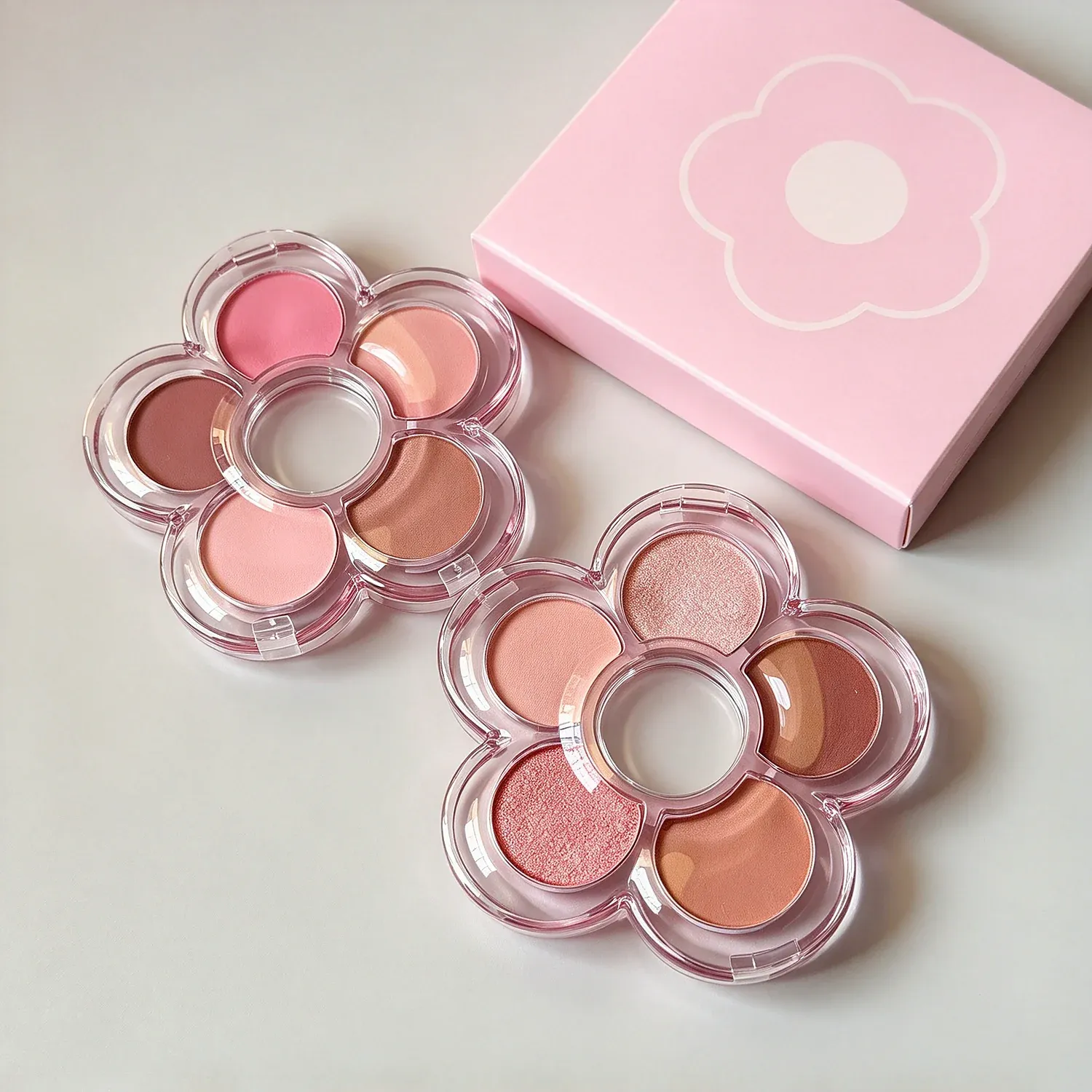 Flower-shaped blush palette with five petal pans around a centre mirror, shown open and closed
