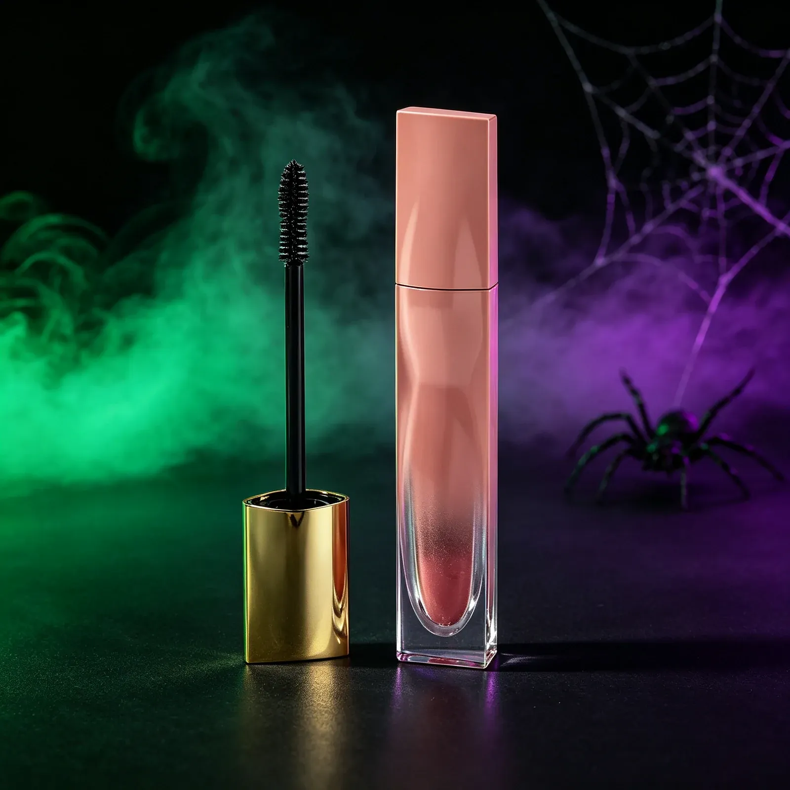 Tall Peach Lip Gloss - A tall narrow square clear tube with a peach-pink cap and clear base, holding pink shimmering gloss in the lower half, with a detached gold cap that holds a slim black wand.