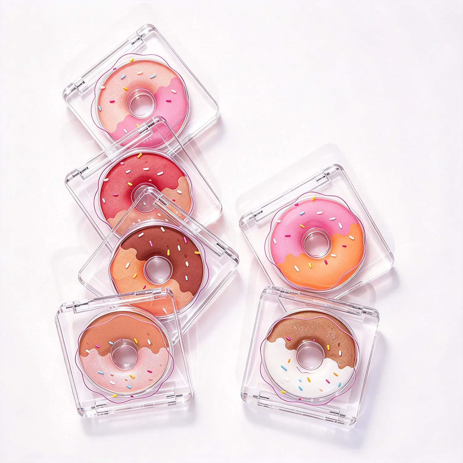 Donut shaped blush compacts in chocolate, strawberry and cream finishes