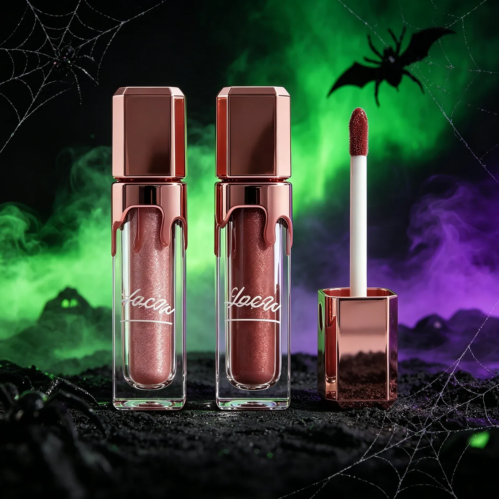 Drip-Cap Square Lip Gloss - Two clear square lip gloss tubes with rose-gold drip-framed caps, one shimmering rose and one shimmering brown, with a detached cap showing a white doe-foot wand and script lettering across the tubes.