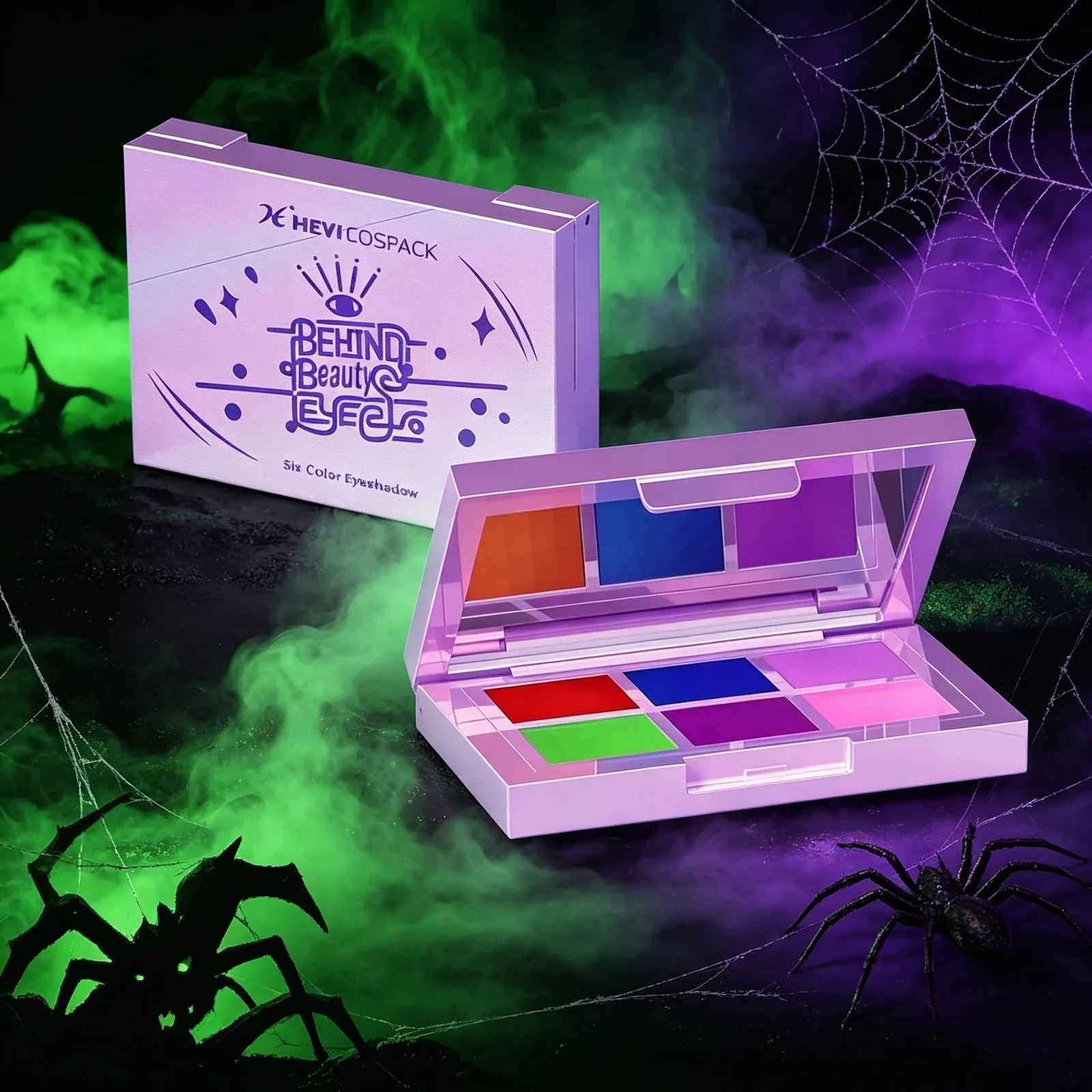 Six-Colour Eyeshadow Palette - A lilac six-pan eyeshadow palette with a clear lid holding red, green, blue, magenta, purple and pink shades.