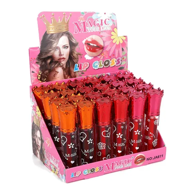 Counter display box of lip gloss tubes with orange and red foil crown caps