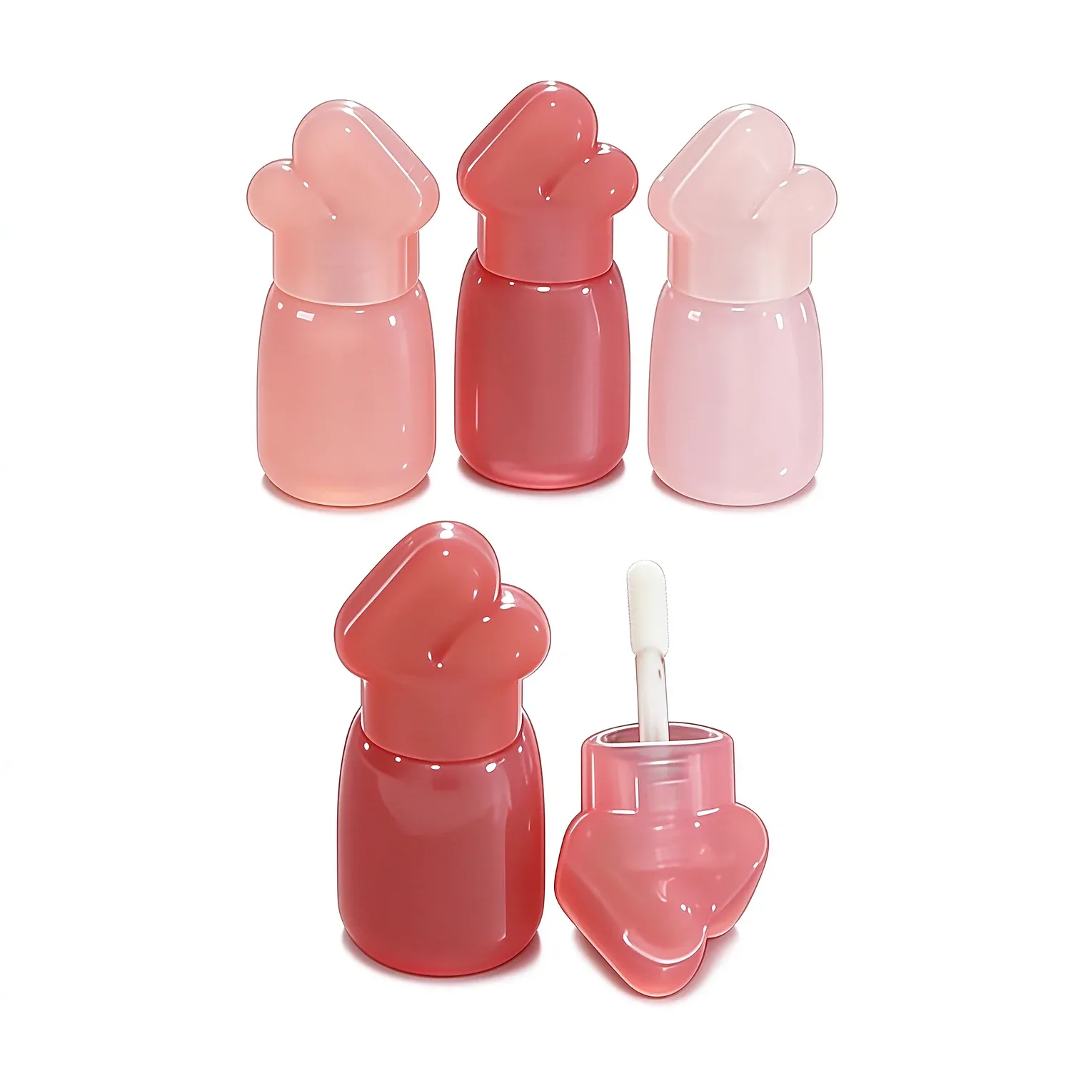Milk bottle shaped lip gloss with a heart-shaped cap in peach, rose and soft pink