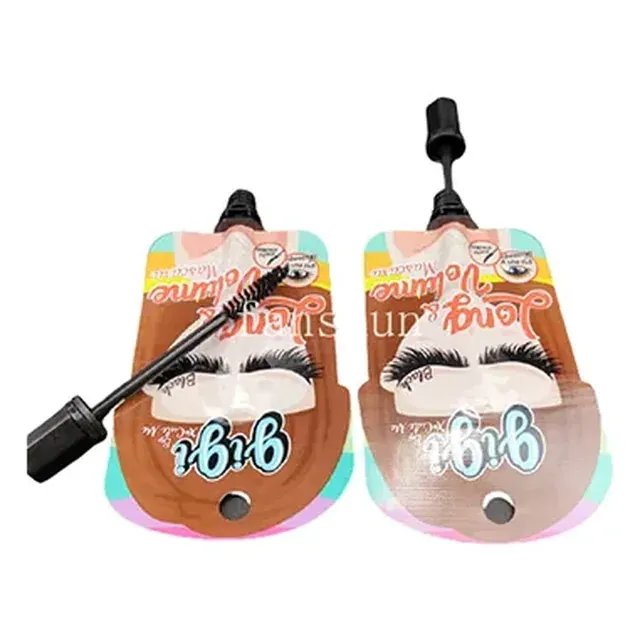 Squeeze-pouch mascara pouches with applicator shown