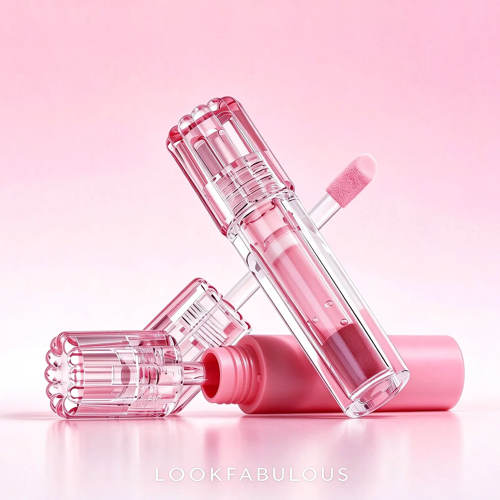 Clear PETG lip gloss tube with a faceted crystal cap and rosy gloss