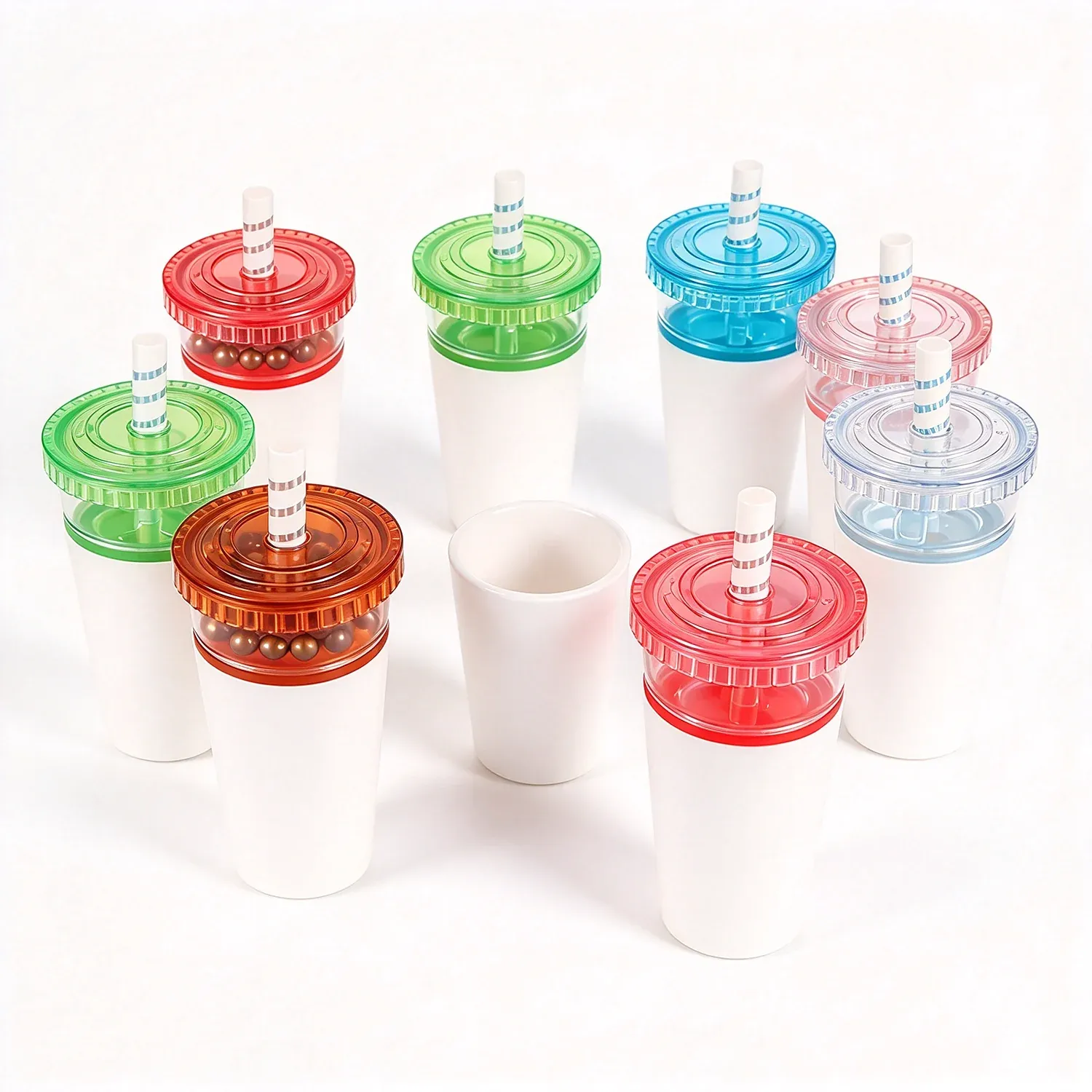 Clear cups of gloss with sprinkled beads and coloured lids on a holder