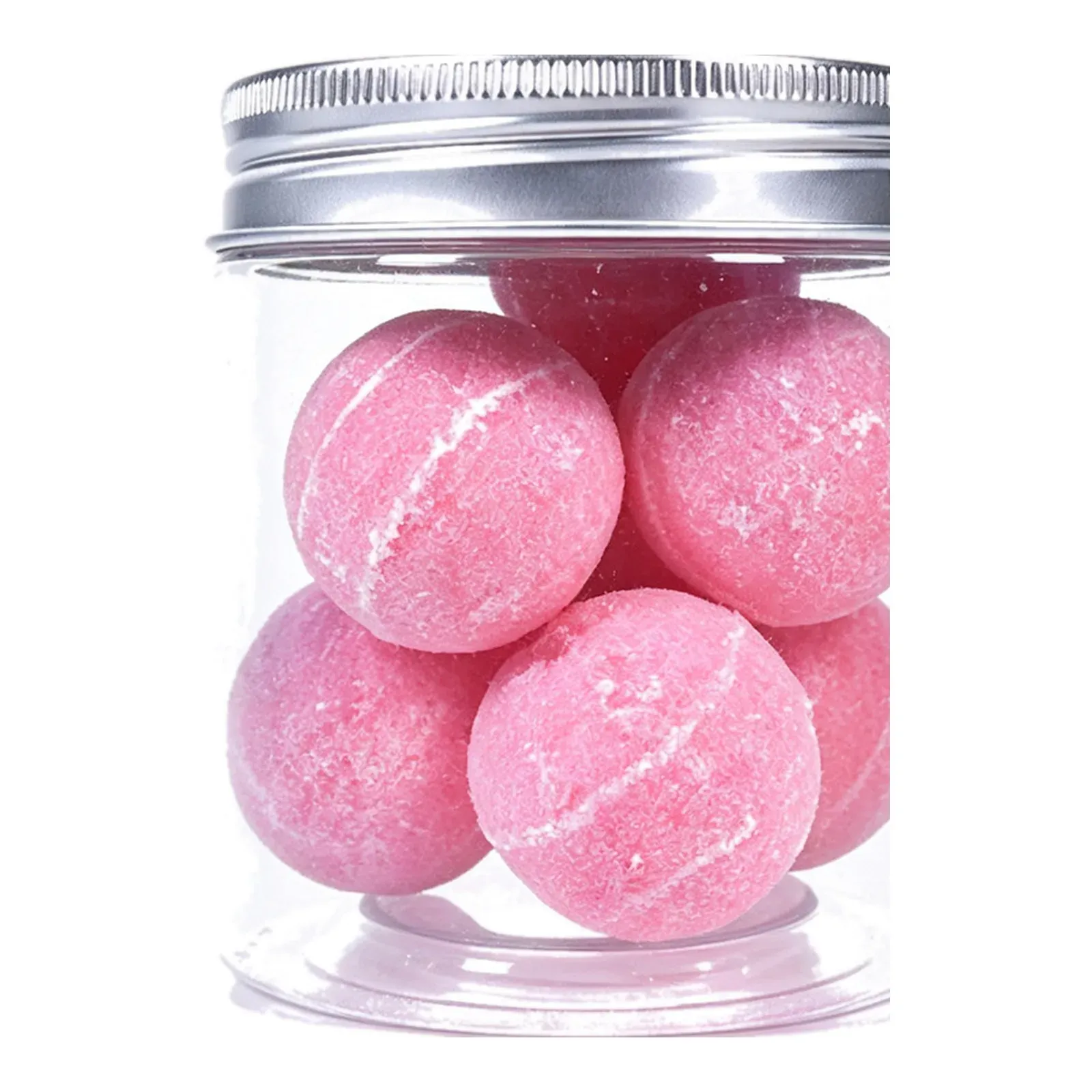 Single jar of pink sugar scrub balls with metal lid