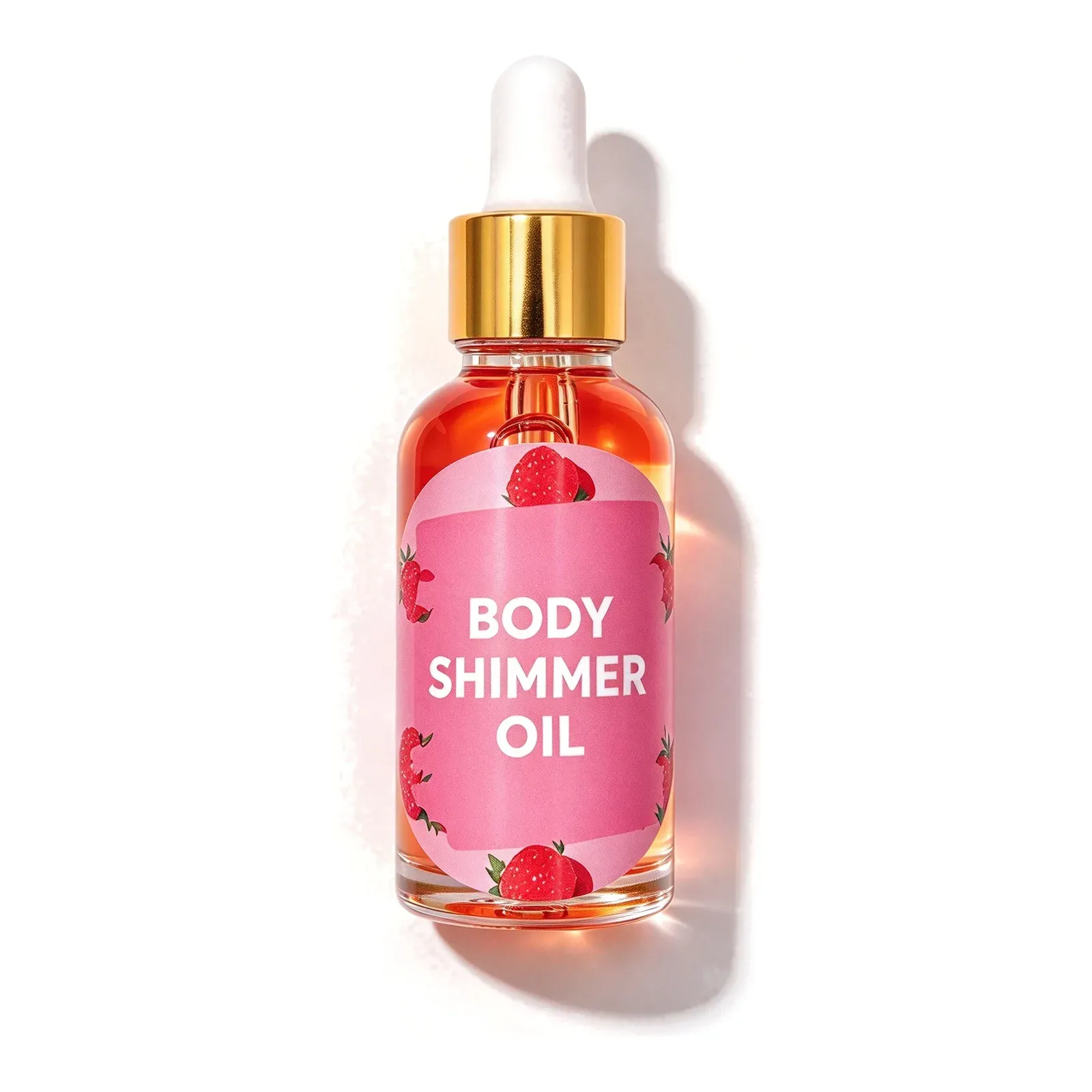 Strawberry shimmer body oil in a dropper bottle with gold collar and pink strawberry label