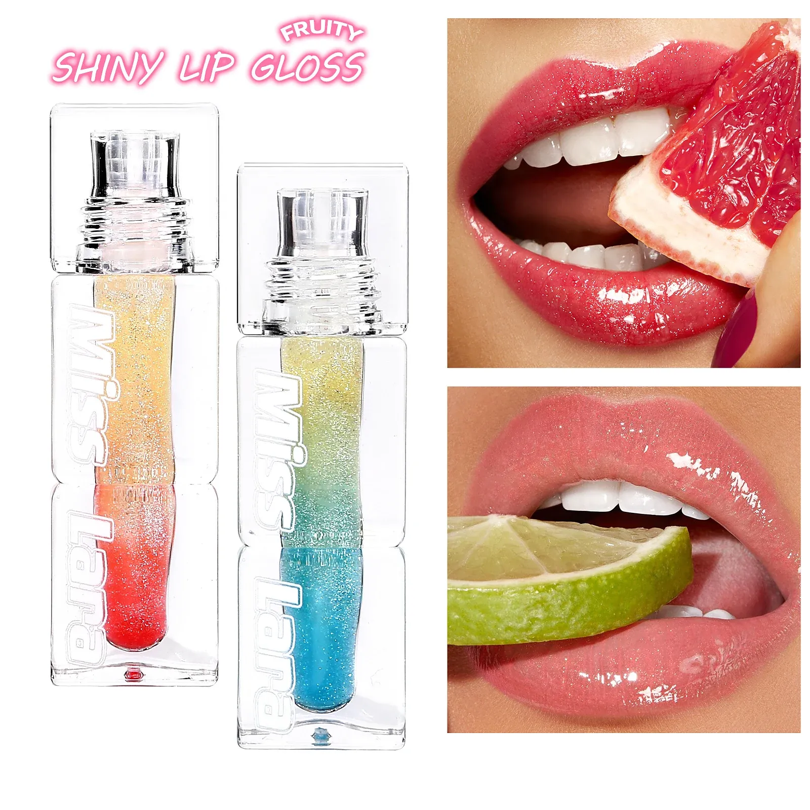 Fruity Gradient Lip Gloss - Two clear rectangular lip gloss tubes with ribbed clear caps, one holding an orange-to-red gradient and the other a yellow-to-blue gradient, with large white lettering down the sides.