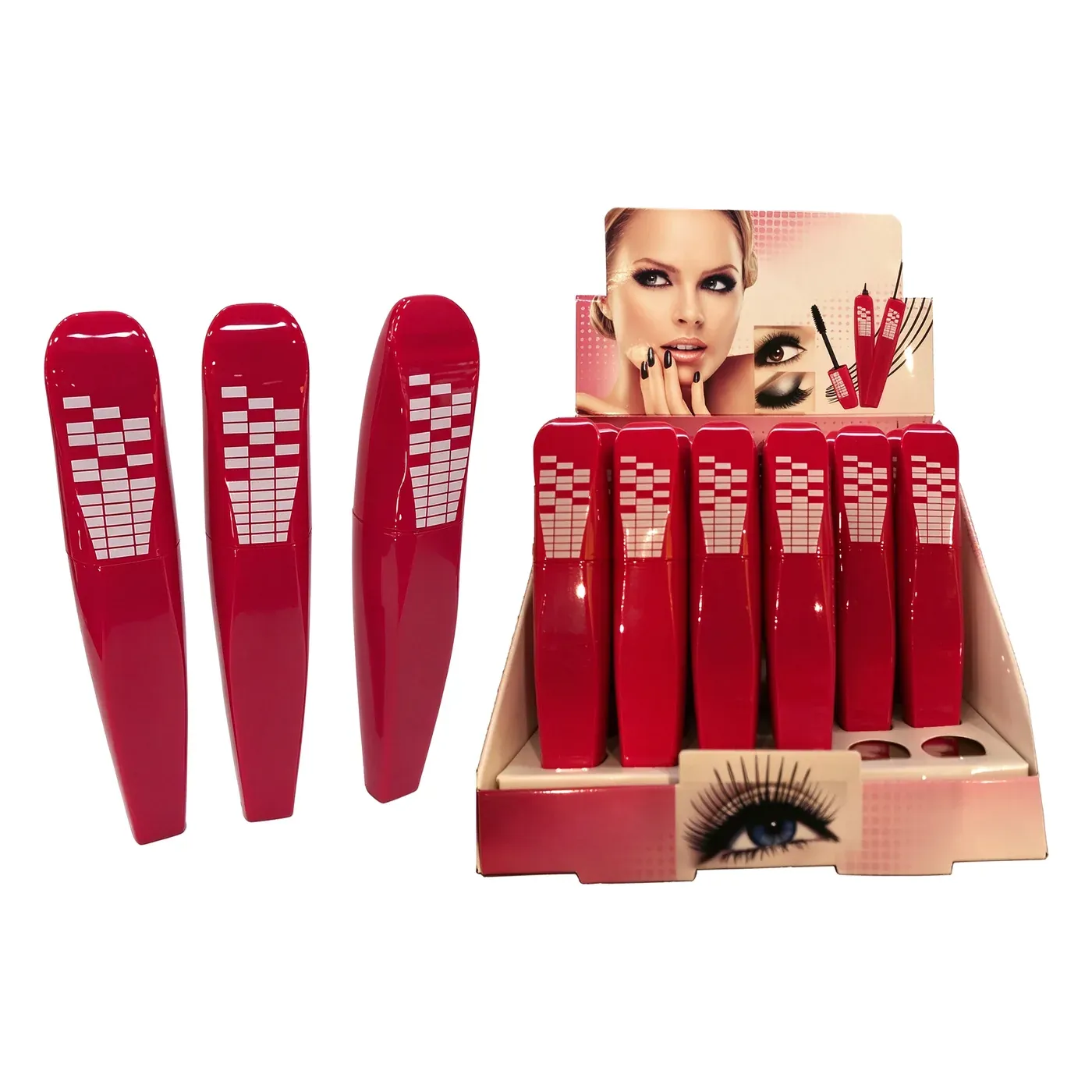 Red mascara tubes with a white grid heart pattern, shown with counter display box