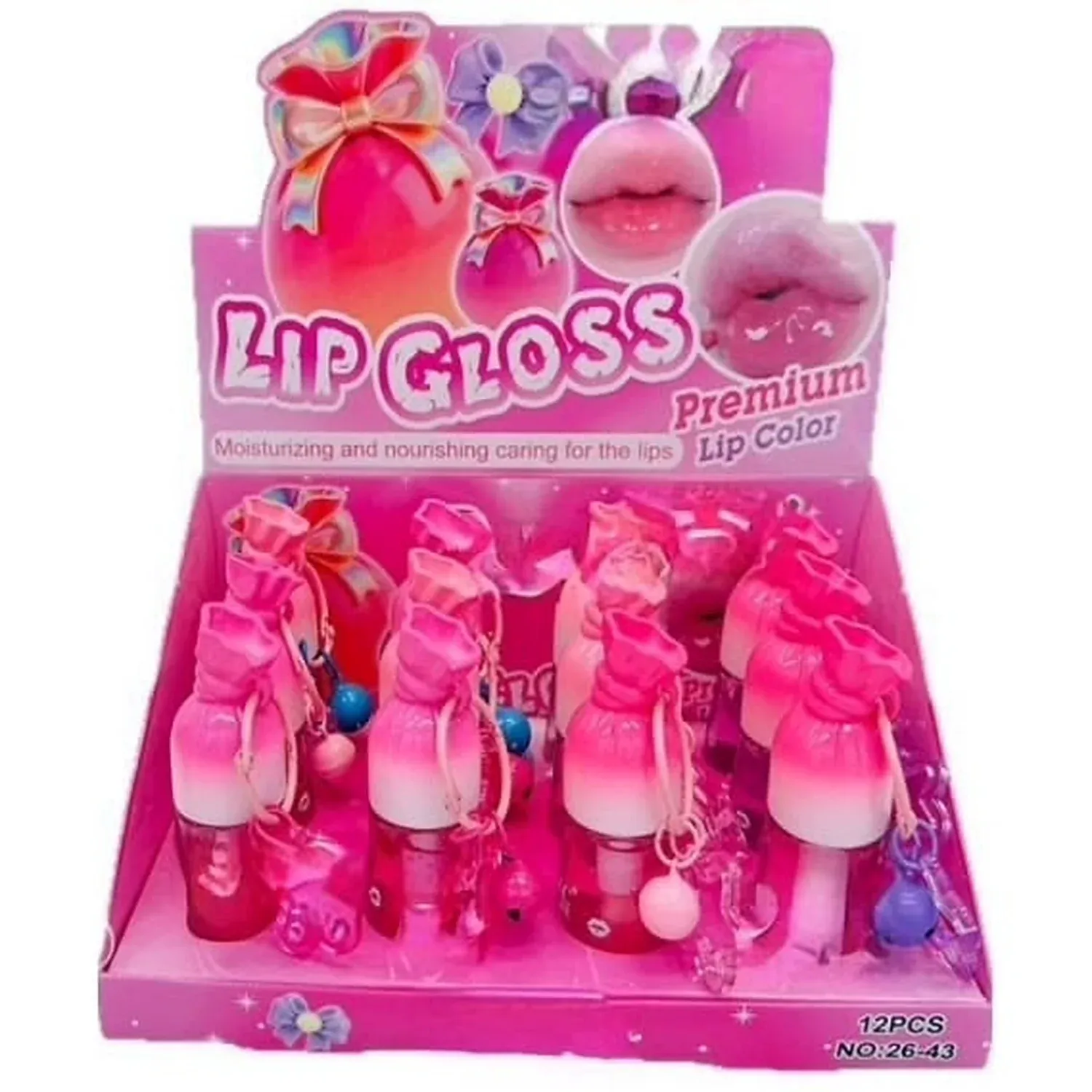 Printed counter display box of pastel lip gloss bottles with a cartoon header