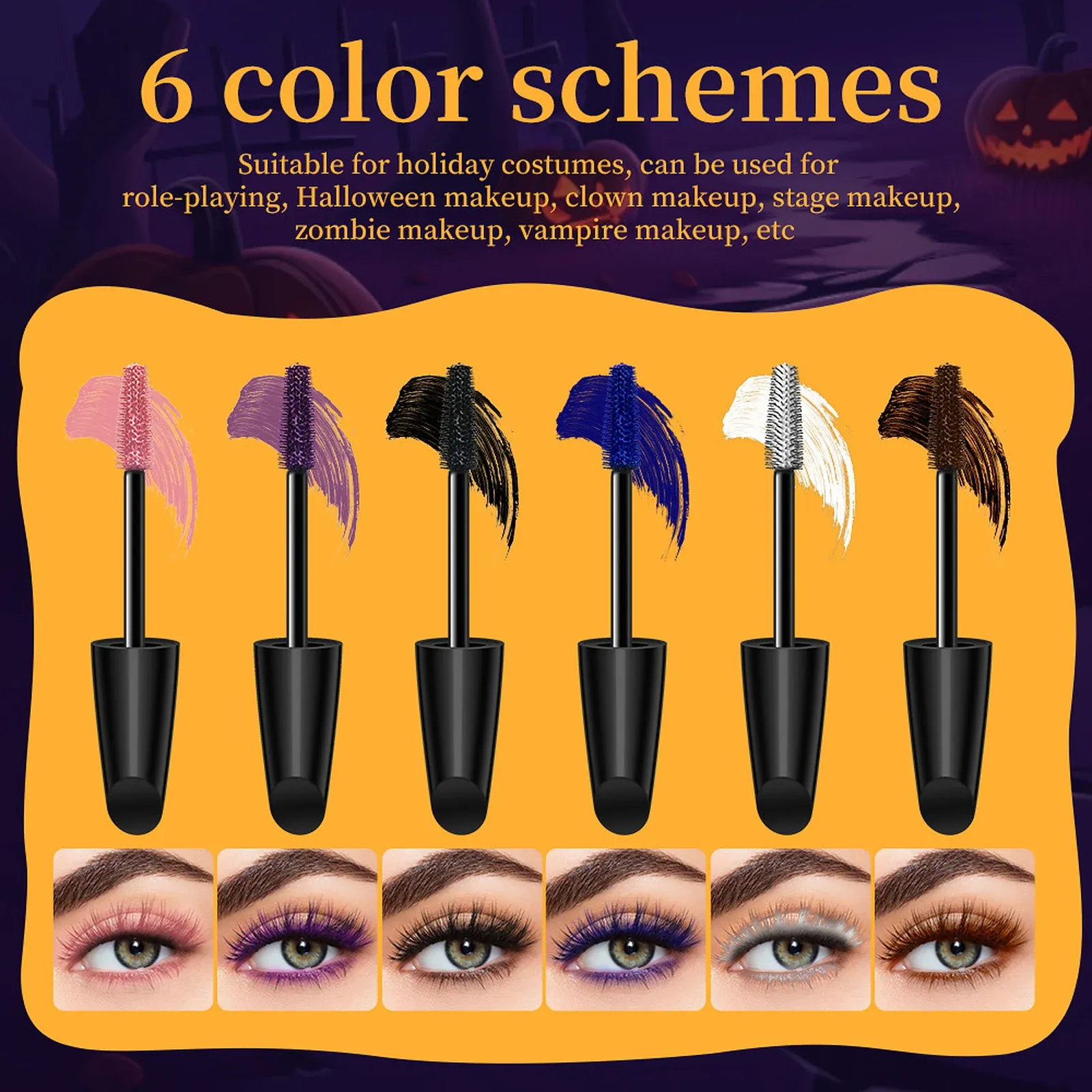 Halloween Six-Colour Mascara Set - Six mascara wands with black handles, loaded with pink, purple, black, blue, white and brown colour.