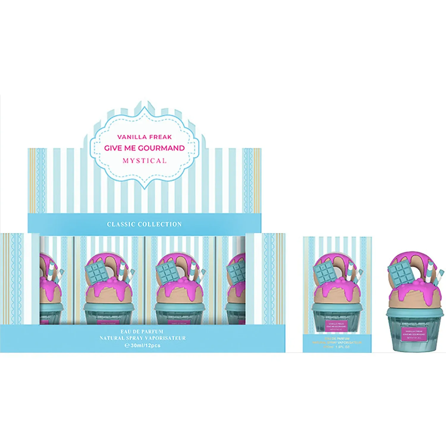 Printed striped counter stand holding five lip gloss tubes in pastel shades