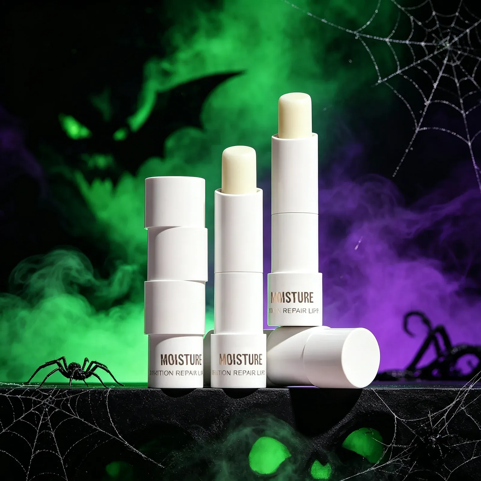 Moisture White Lip Balm Tubes - White twist-up lip balm tubes with cream-coloured sticks, one lying beside the others, printed with the word 'MOISTURE'.