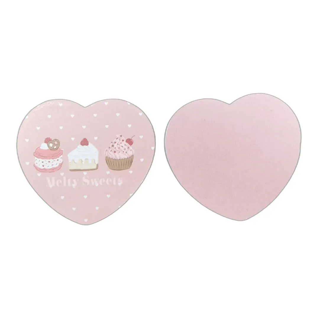 Pink heart shaped nail file printed with three dessert cakes and Melty Sweets lettering