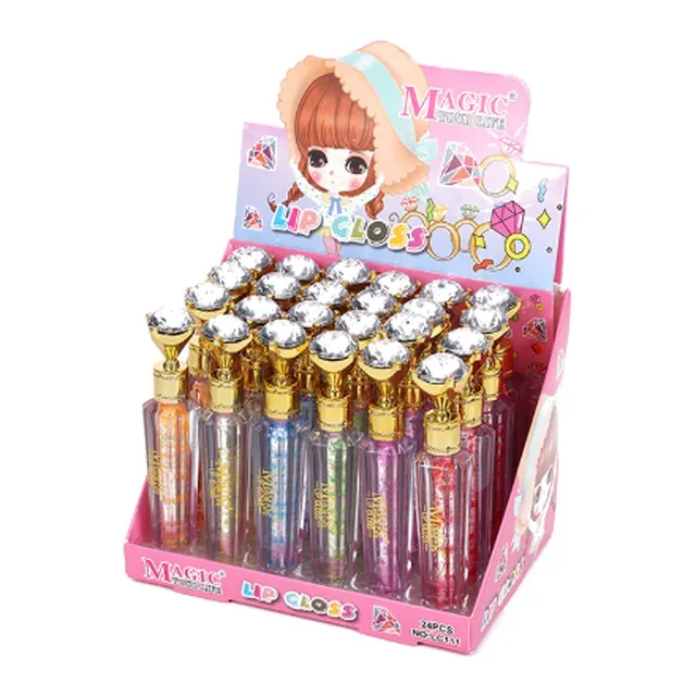 Counter display box of lip gloss tubes with diamond-shaped caps