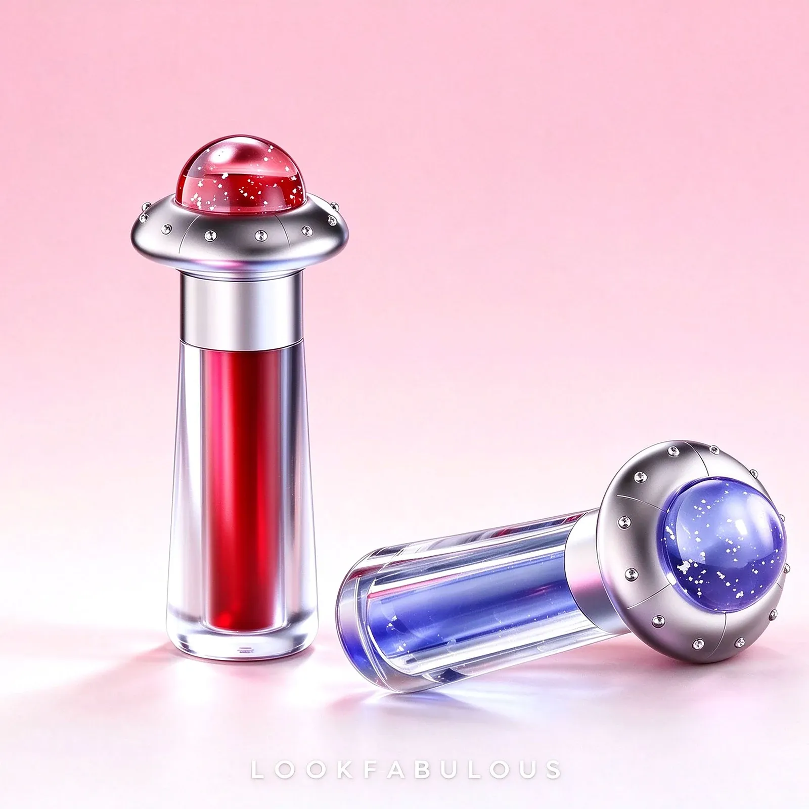 Novelty lip gloss tubes with metallic flying saucer caps and red or blue sparkle gloss