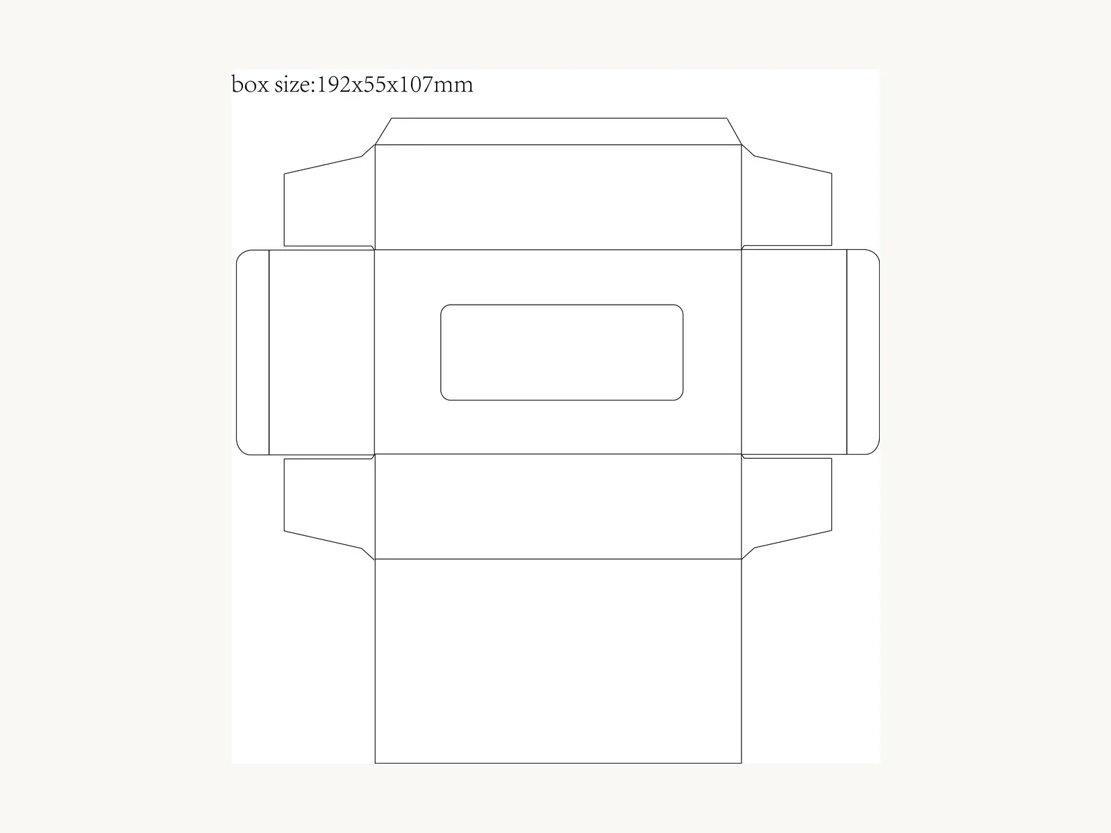 Die-cut drawing for a macaroon window carton marked 192 by 55 by 107 mm
