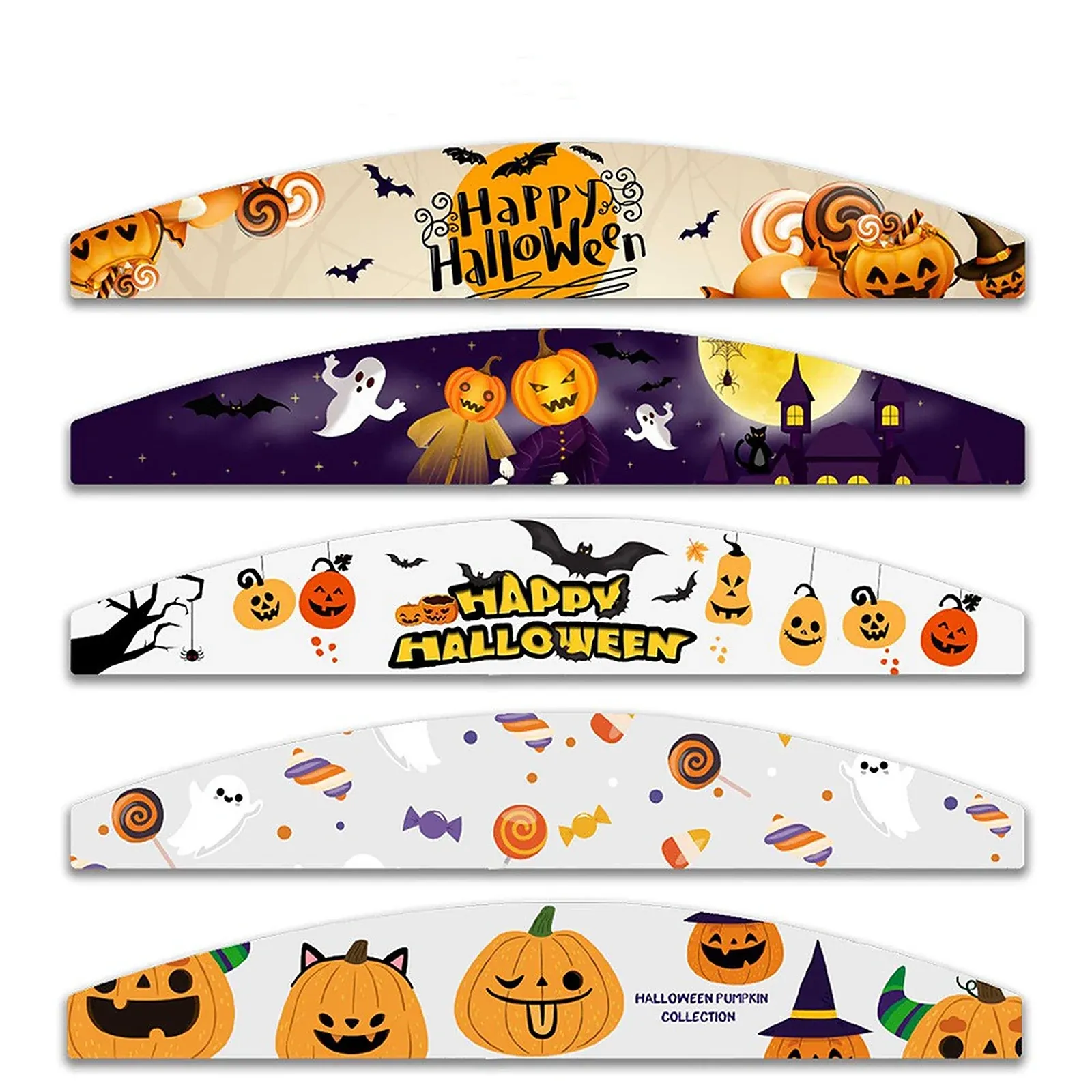 Halloween Crescent Nail File Set - Five crescent-shaped nail files with rounded ends, each printed with a different Halloween design, including candy with 'Happy Halloween' lettering, ghosts, pumpkins and sweets.