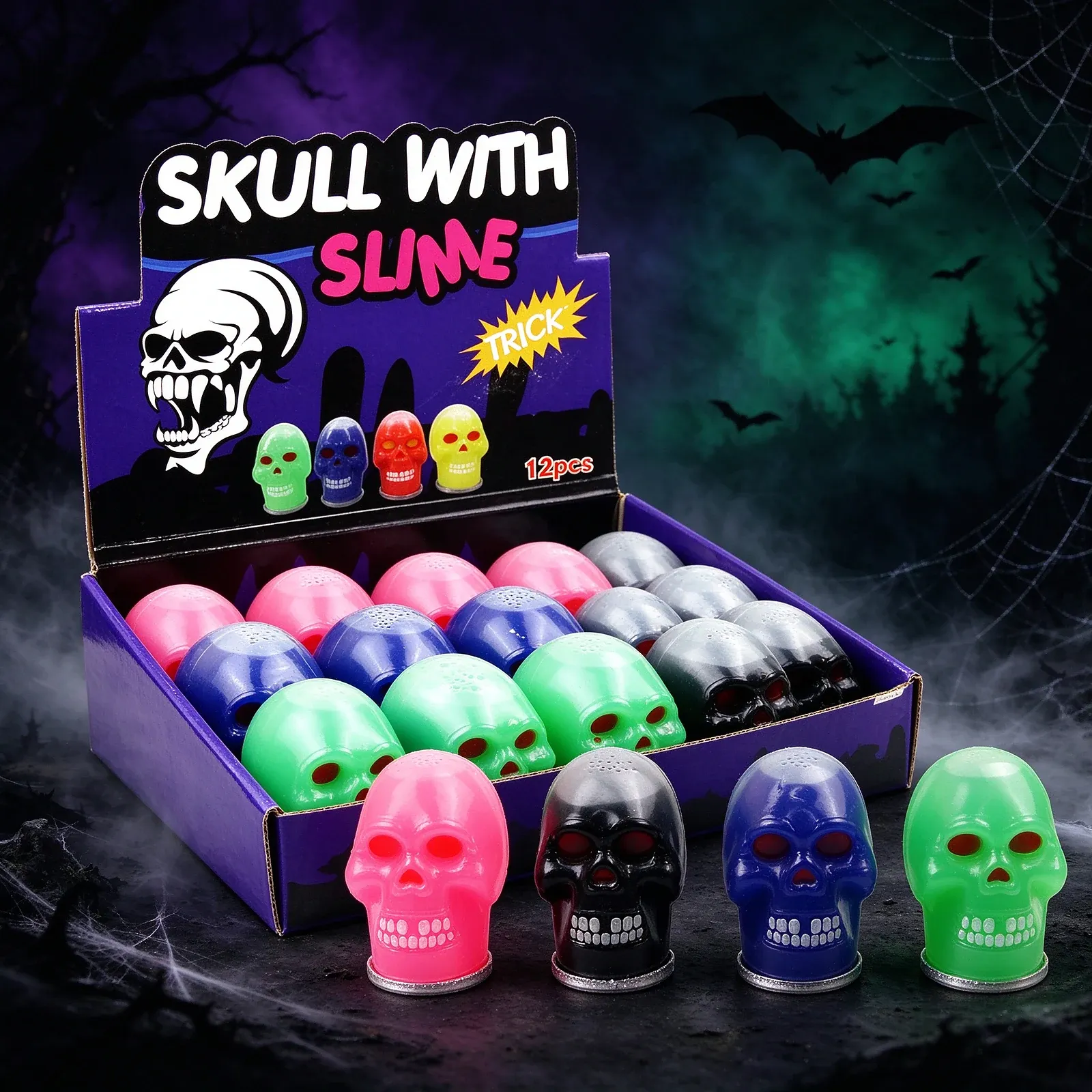 Skull Slime 12-Piece Display Box - A purple counter display box printed 'SKULL WITH SLIME', '12pcs' and 'TRICK', with skull containers in pink, blue, green and black visible in the box.