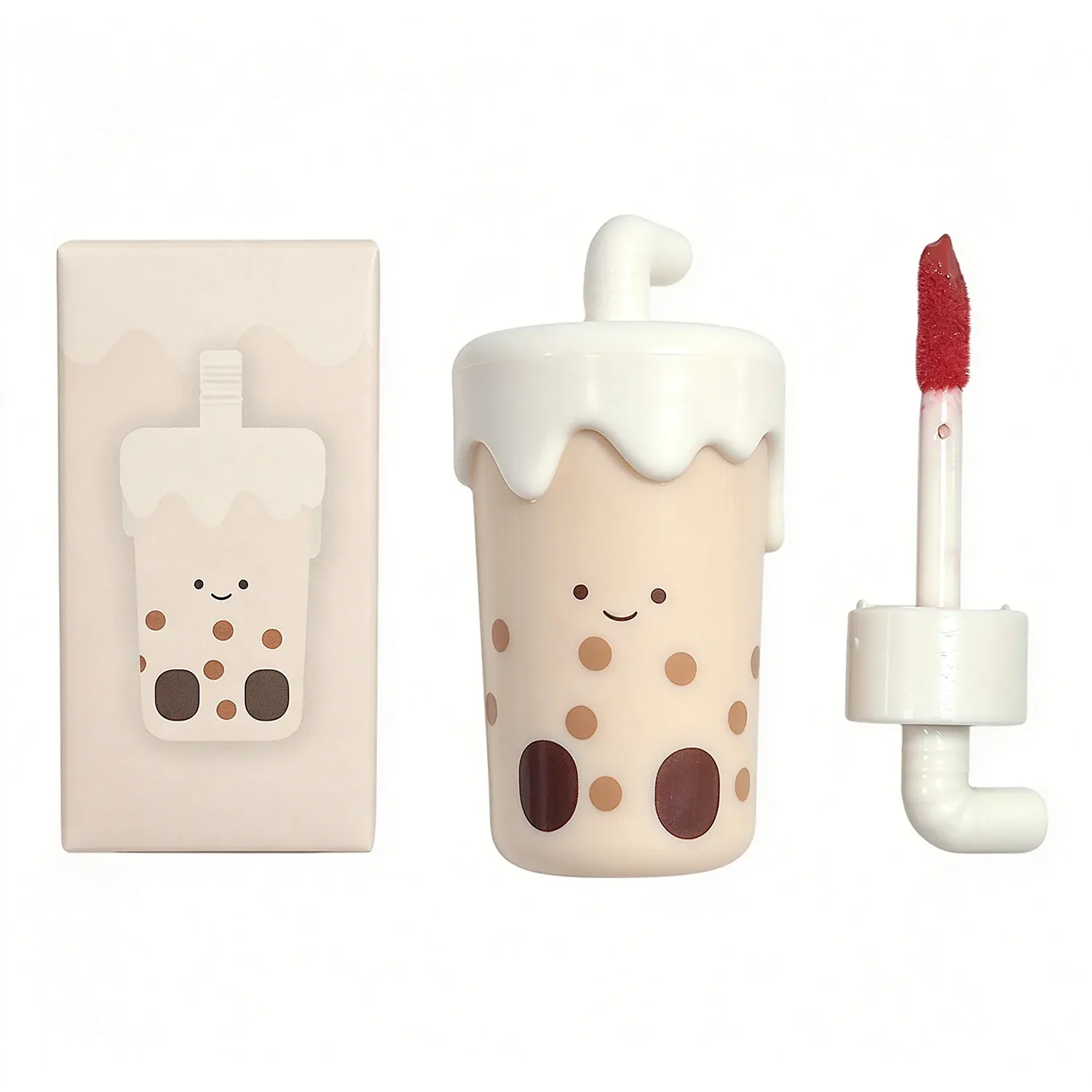 Bubble tea cup shaped lip gloss with a straw top and a small lipstick beside it