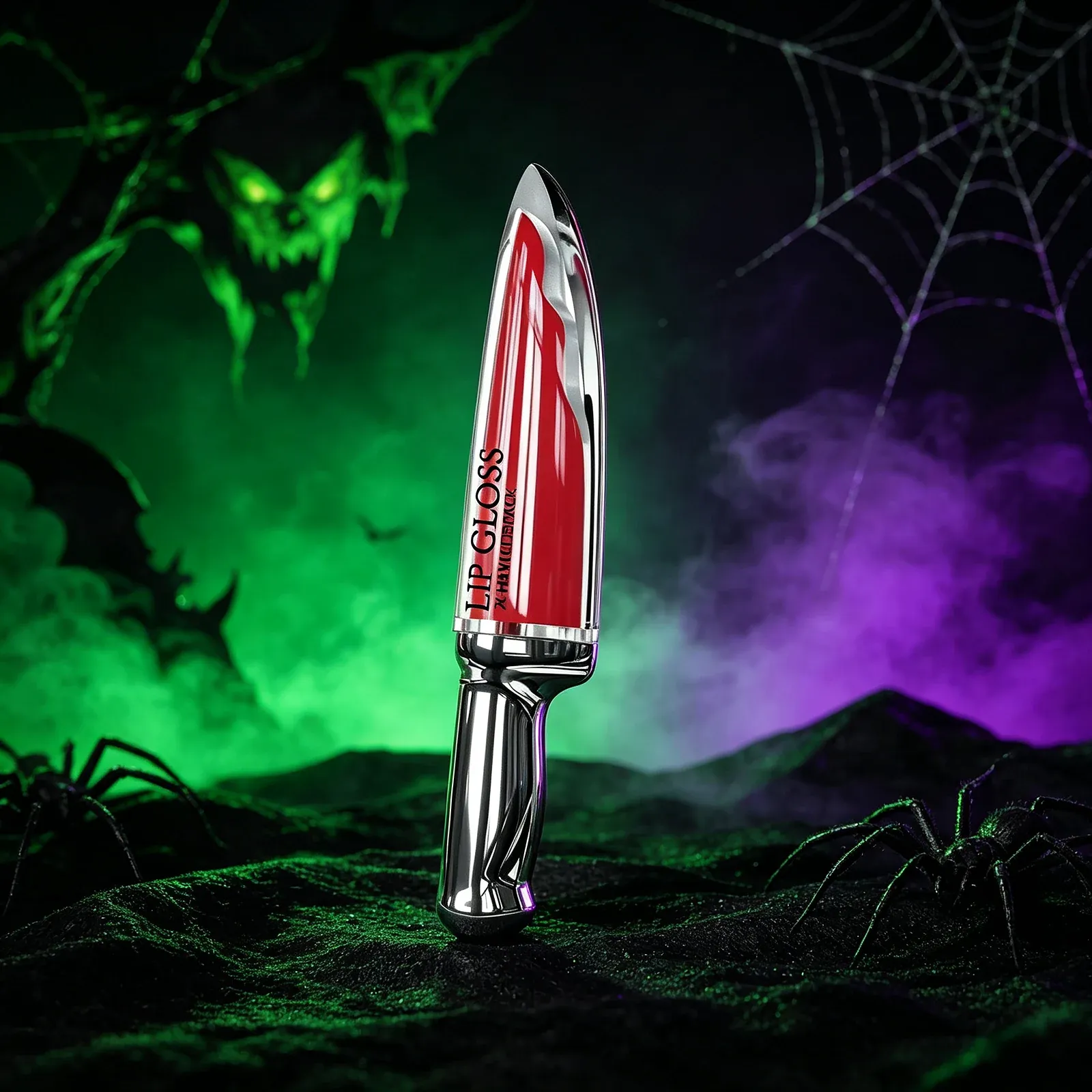 Dagger Lip Gloss - A knife-shaped clear tube with a polished silver handle and a pointed blade filled with red gloss, with 'LIP GLOSS' printed vertically on the blade.