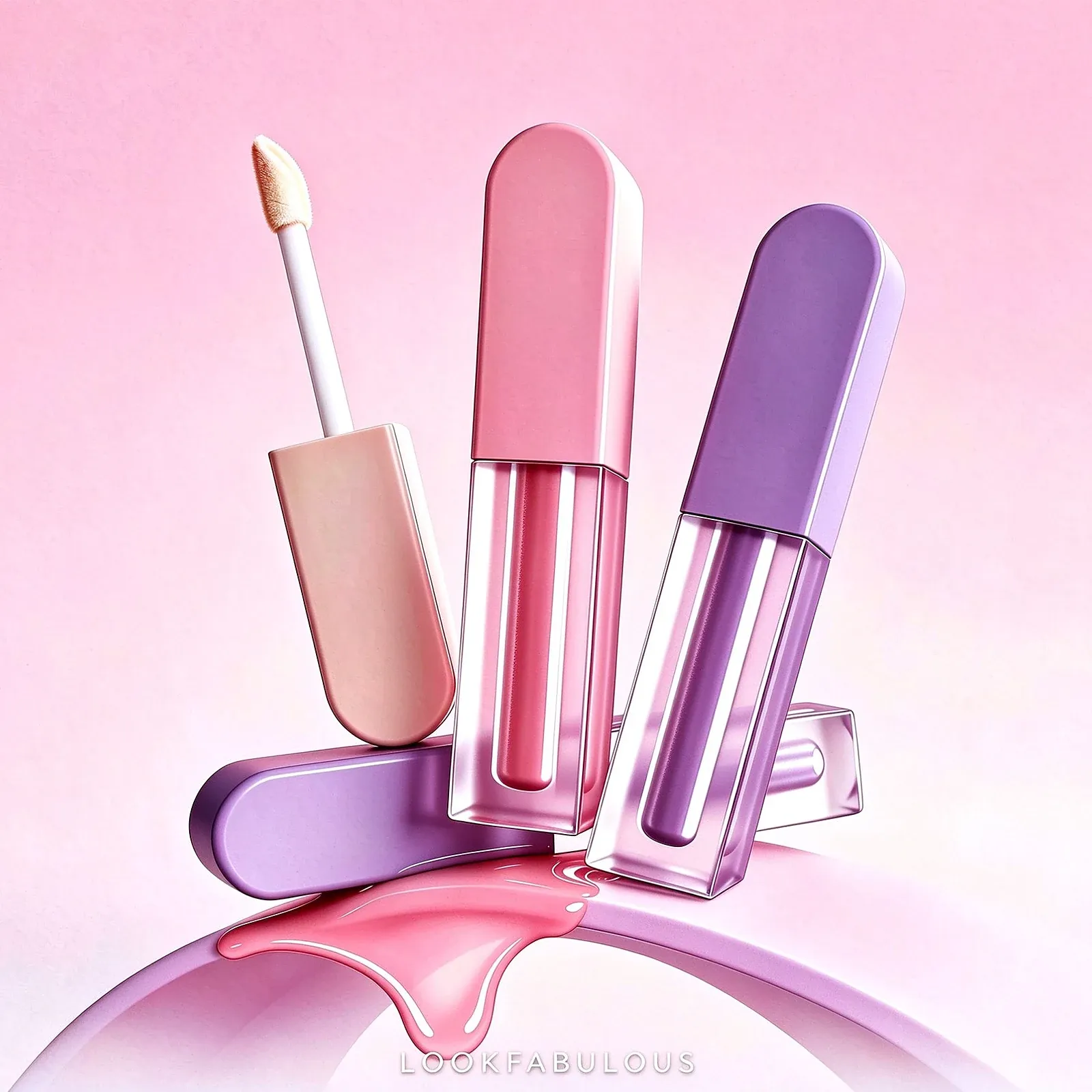 Three slim square lip gloss tubes with arched dome caps in peach, rose pink and lilac