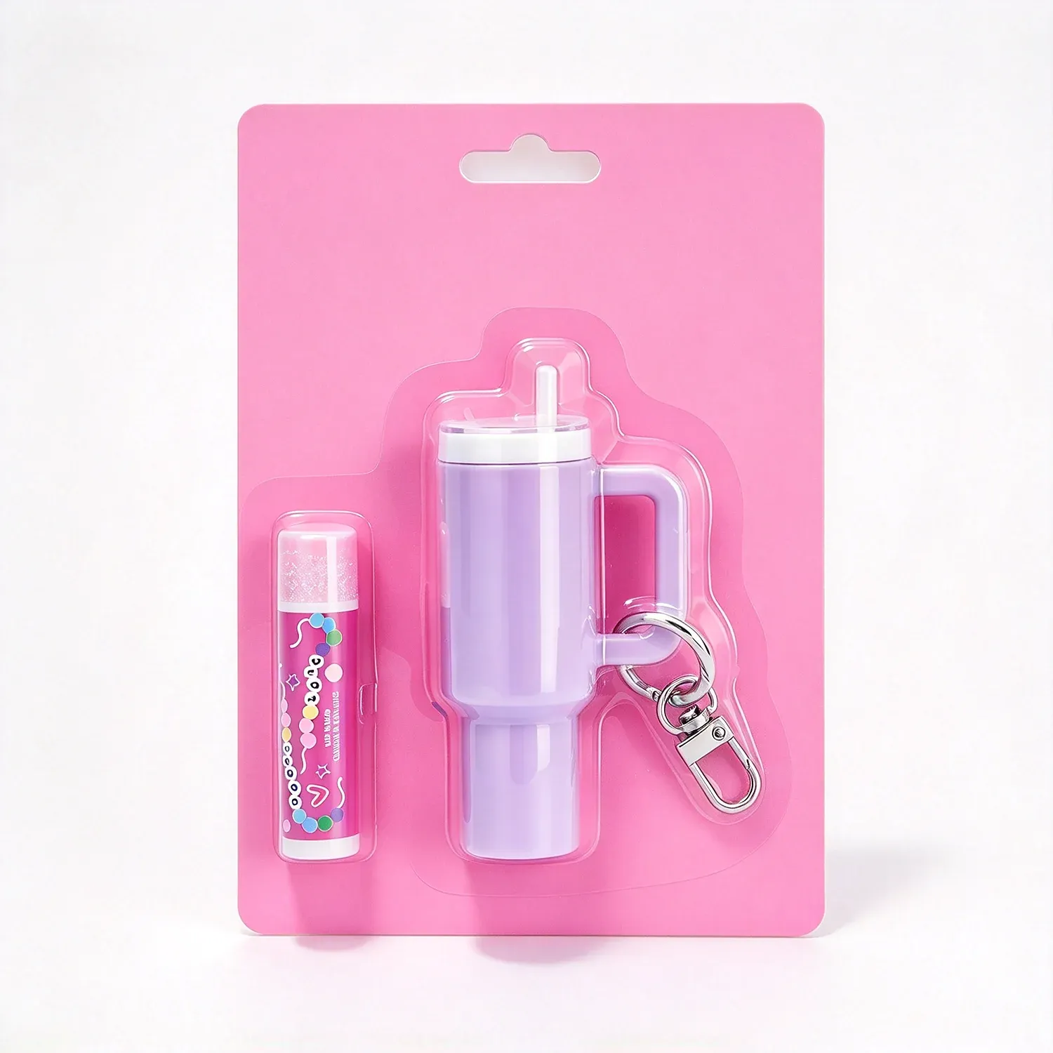 Purple bubble tea cup lip gloss on a keychain card with a small wand