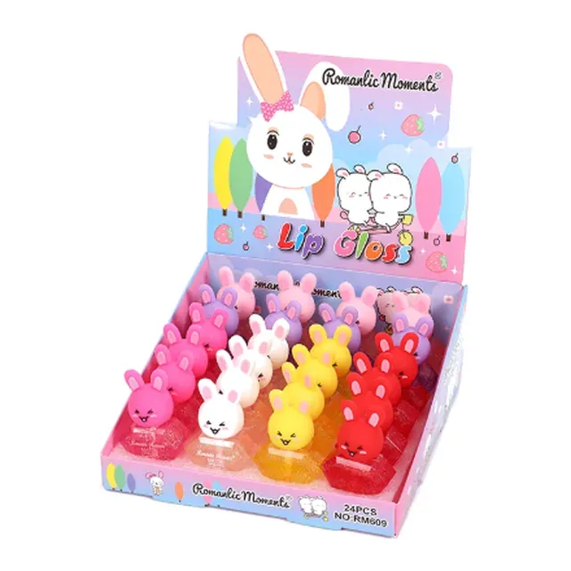 Counter display box of bunny-faced lip glosses in pink, white, yellow and red
