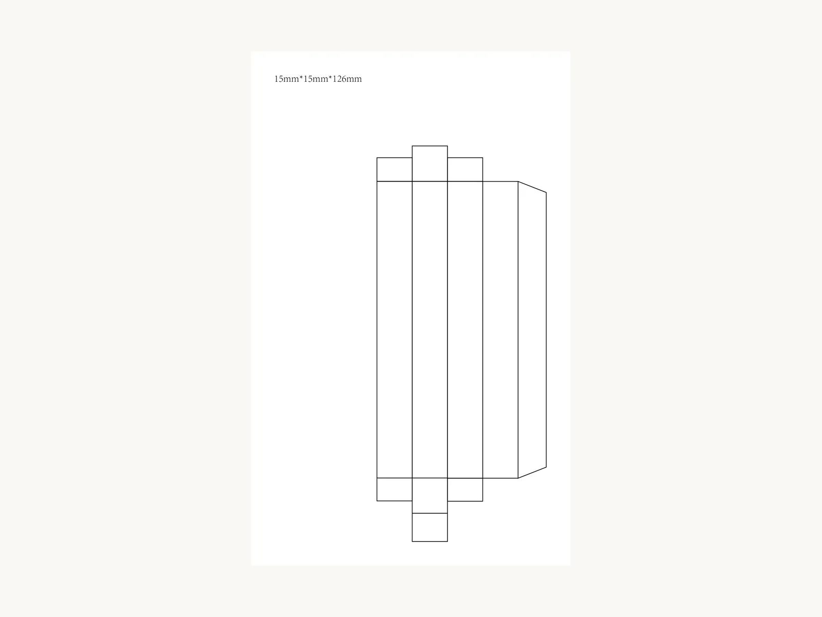 Die-cut drawing for a slim tuck carton marked 15 by 15 by 126 mm