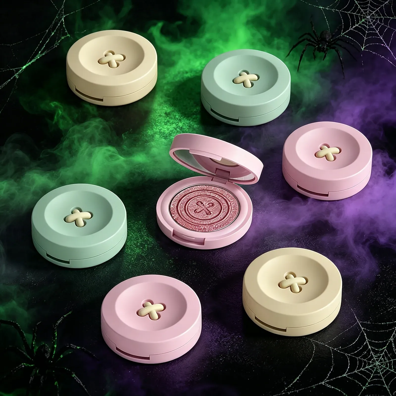 Flower Embossed Blush Compacts - Seven round pastel compacts in cream, mint and pink, each with a raised four-petal flower on the lid and a pink shimmer pan embossed with a bow motif.