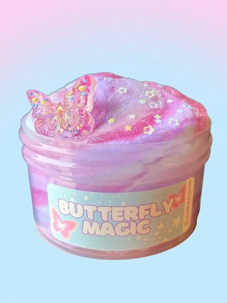 Butterfly Magic glitter slime jar topped with a butterfly charm