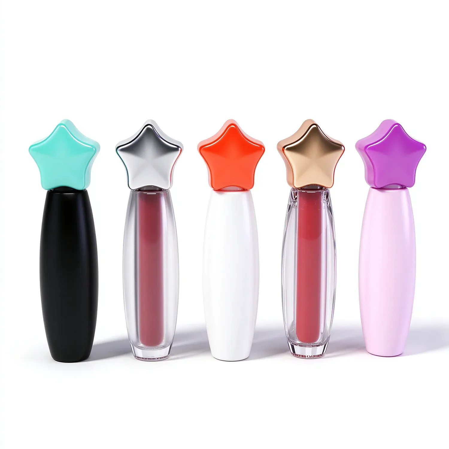 Five lip gloss tubes with glossy star caps in mint, silver, red, gold and purple