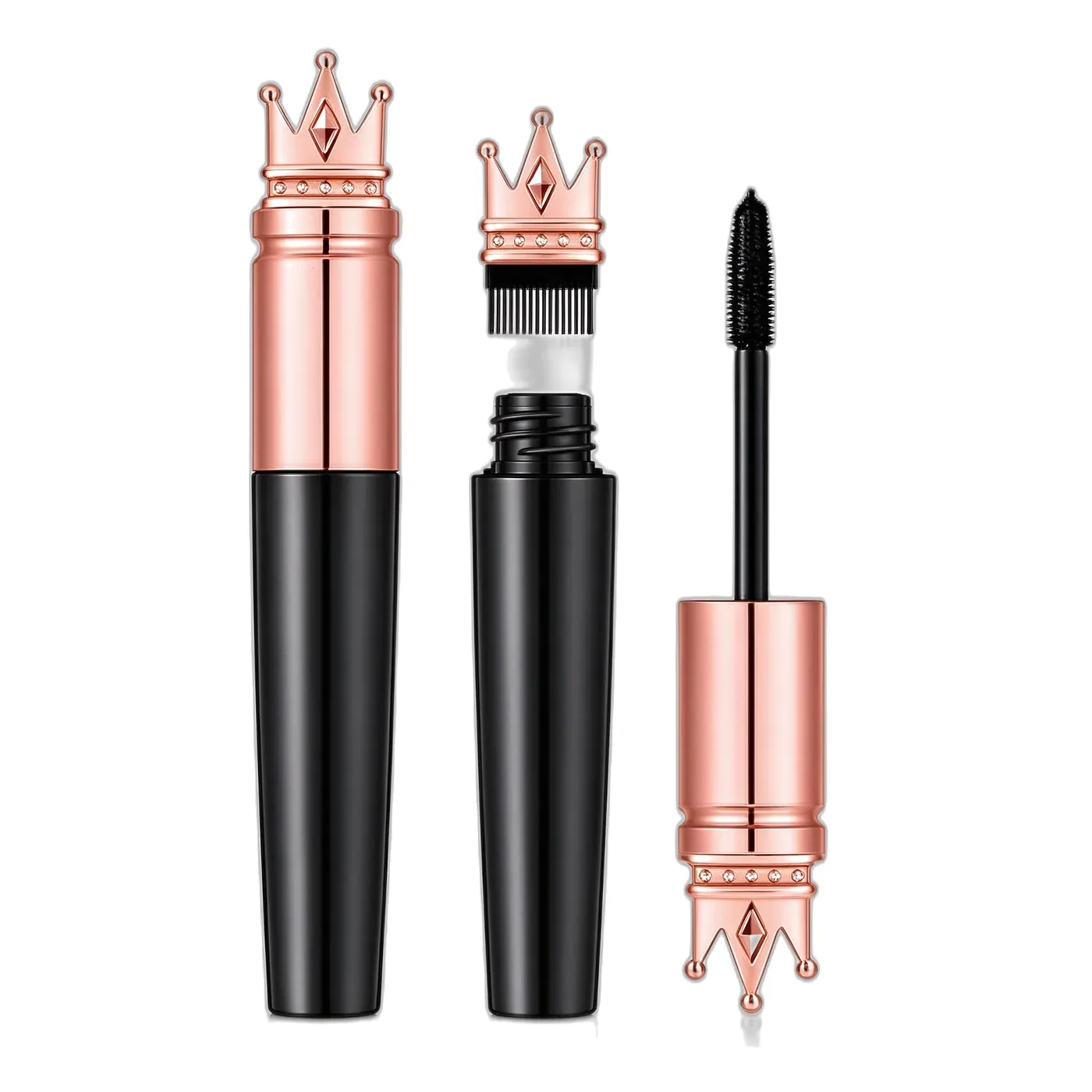Rose-gold crown cap mascara on a black tube with spoolie wand and comb cap shown