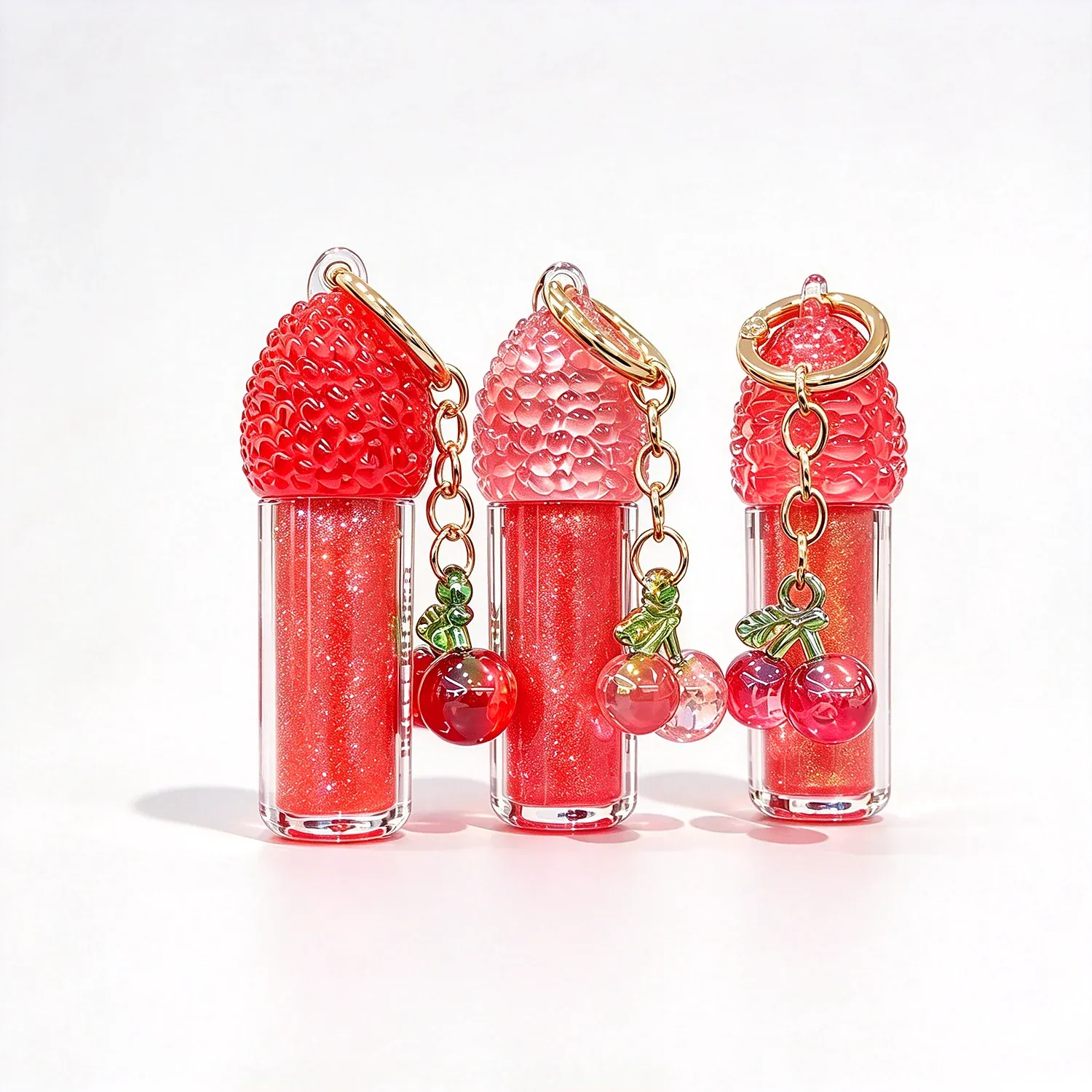 Three lip gloss tubes with textured strawberry caps, gold keyrings and cherry charms