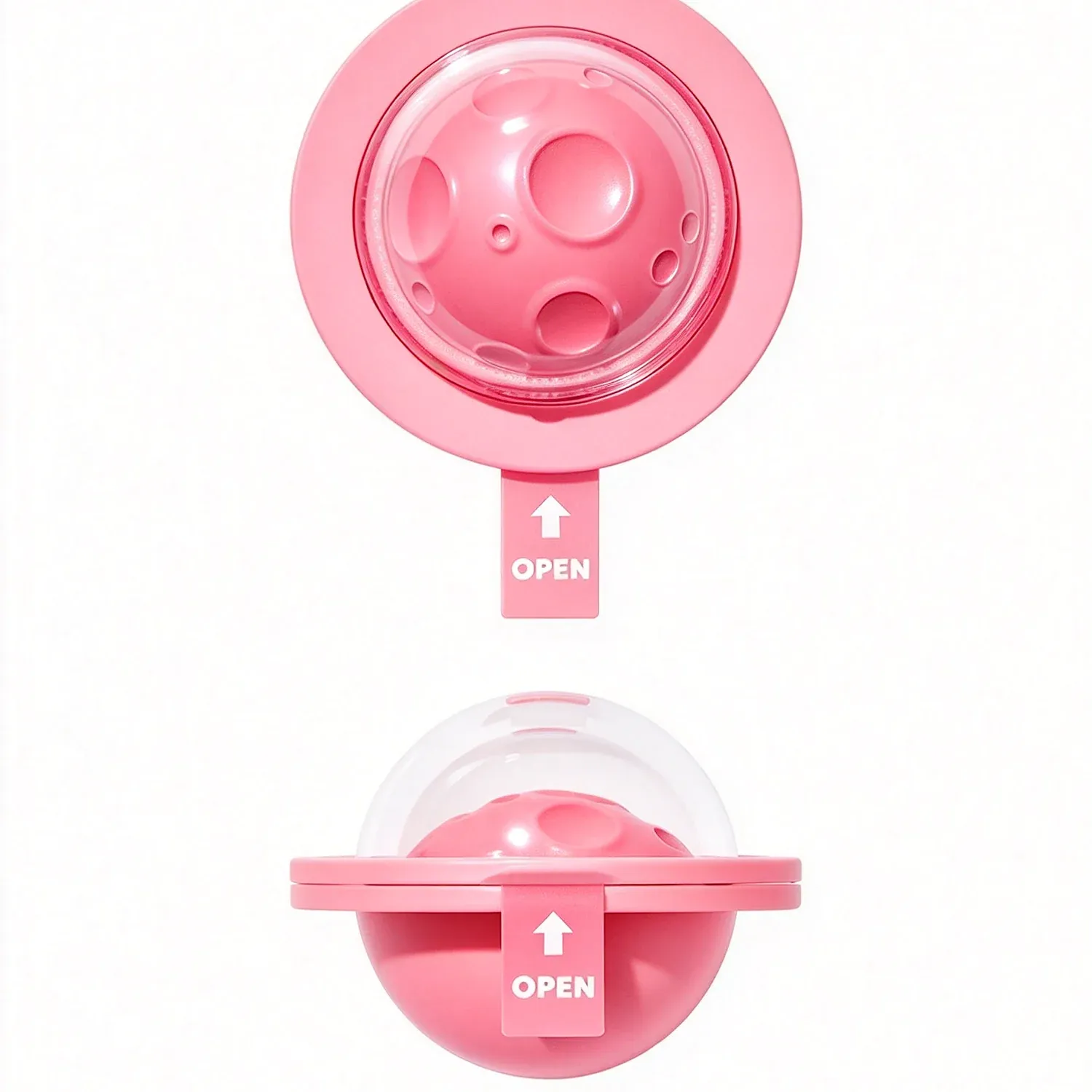 Pink cushion blush compact with an open tab and a domed lid