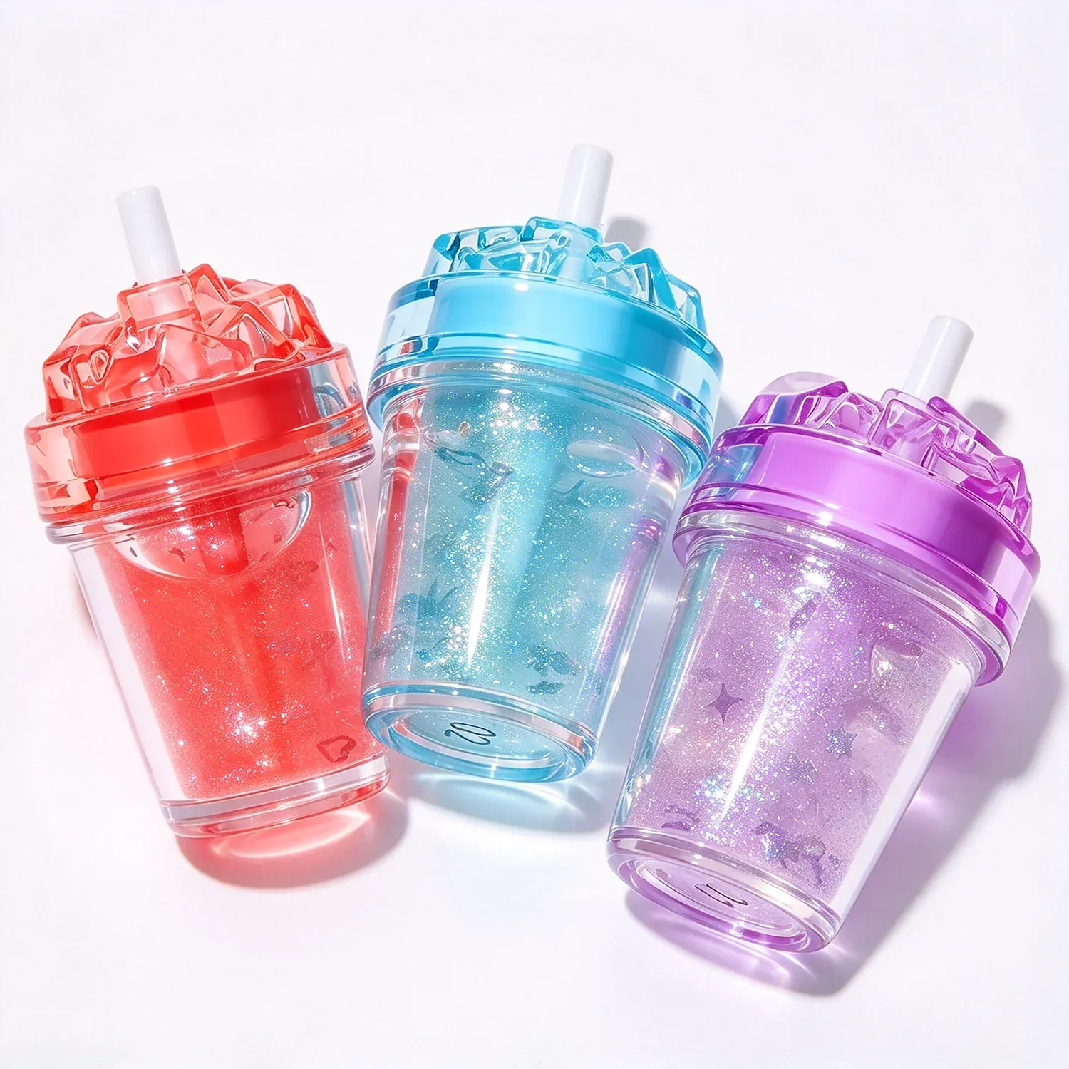 Three snow cone cup lip glosses in red, blue and purple